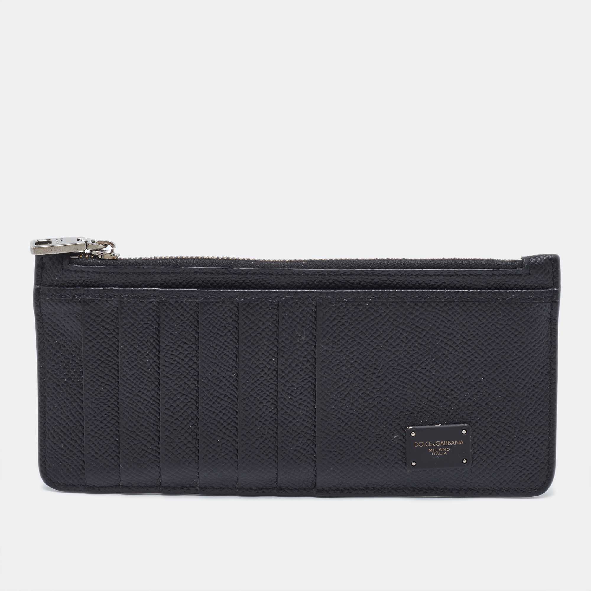 Pre-owned Dolce & Gabbana Black Leather Vertical Dauphine Zip Card Holder