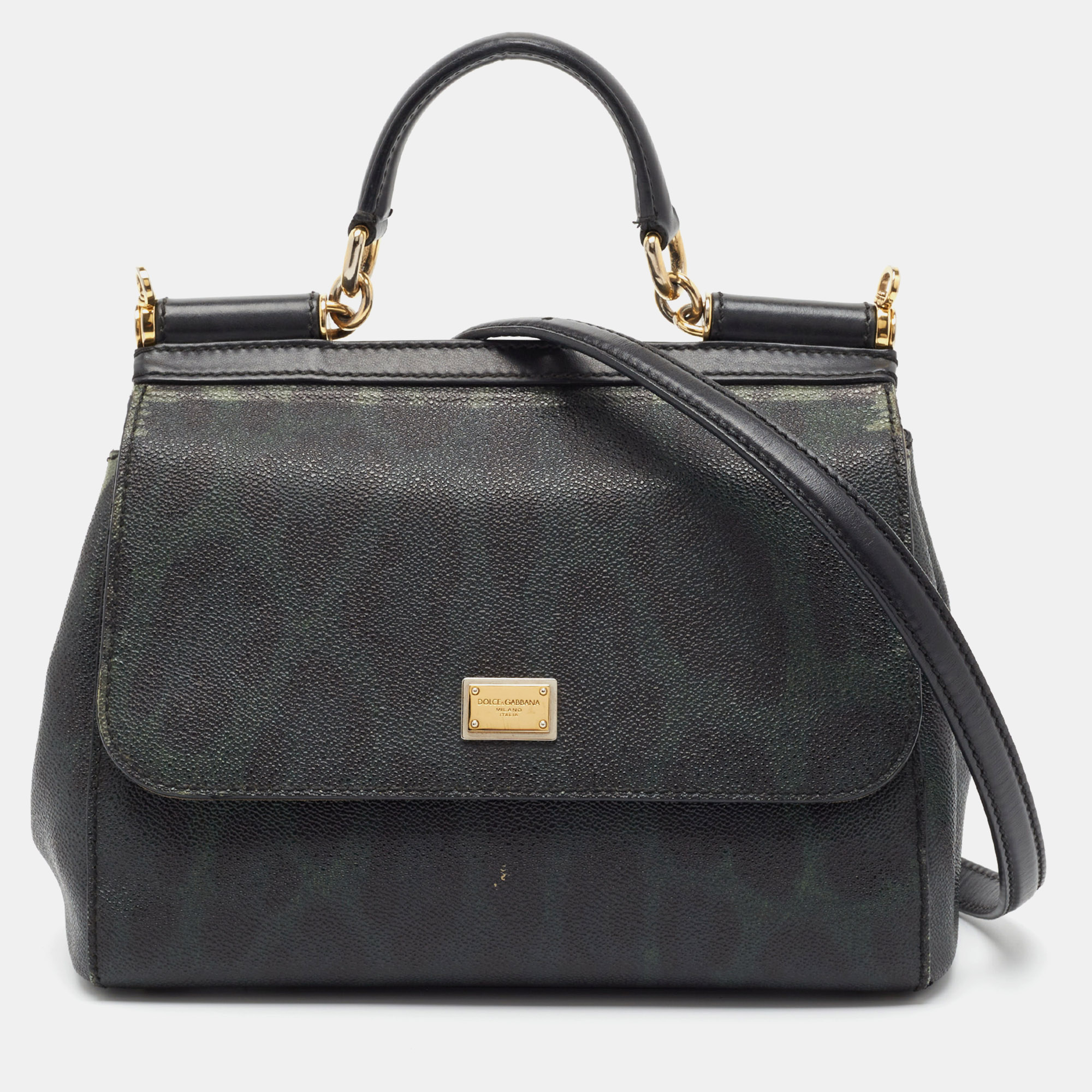 Pre-owned Dolce & Gabbana Green/black Leopard Print Coated Canvas Medium Miss Sicily Top Handle Bag