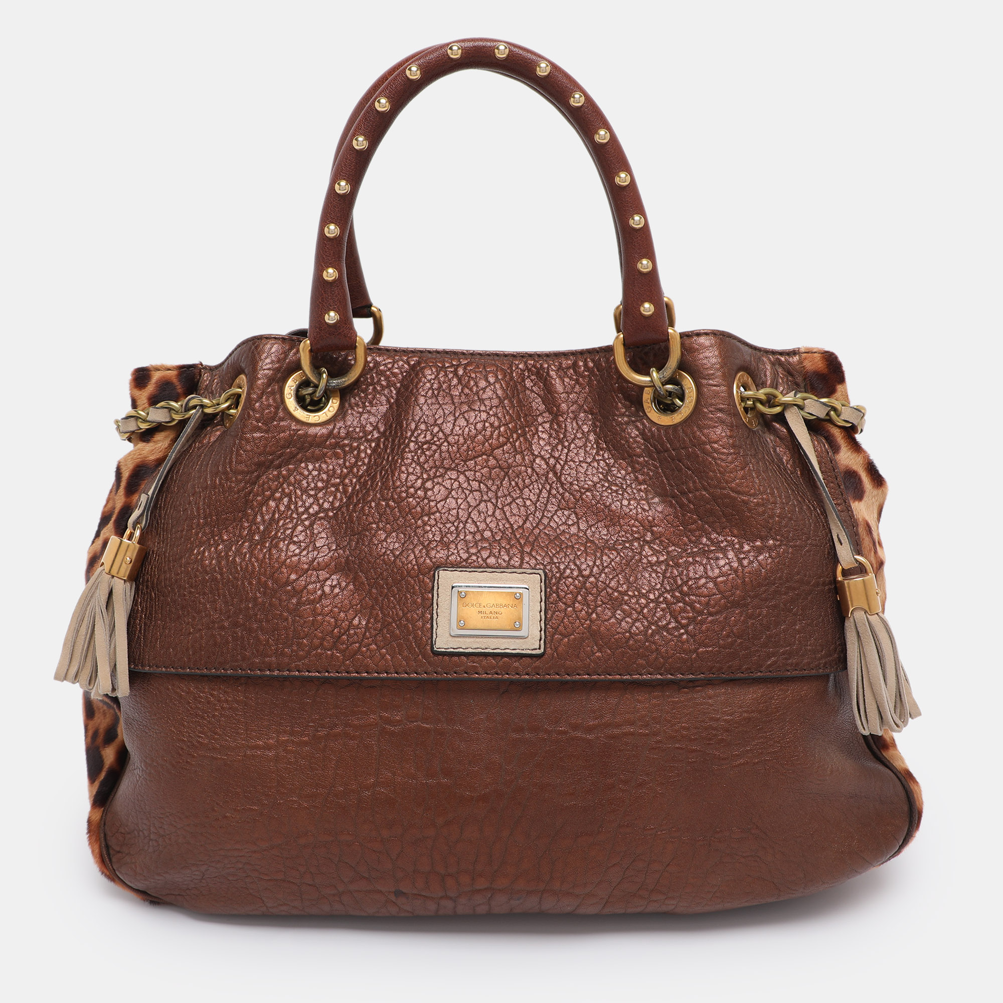 

Dolce & Gabbana Brown/Beige Calf Hair and Leather Drawstring Tassel Satchel