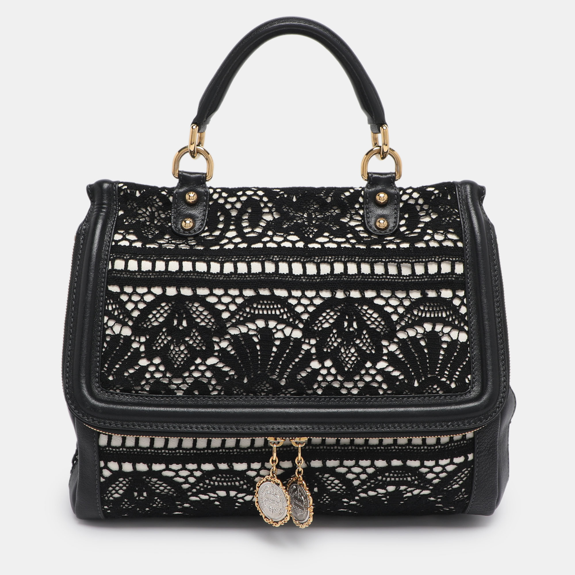 

Dolce & Gabbana Black/White Lace and Leather Large Miss Sicily Top Handle Bag