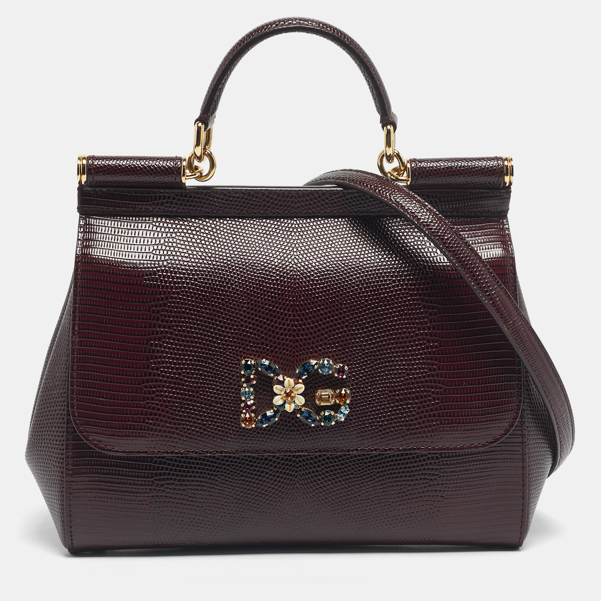 

Dolce & Gabbana Burgundy Lizard Embossed Leather Medium Miss Sicily Top Handle Bag