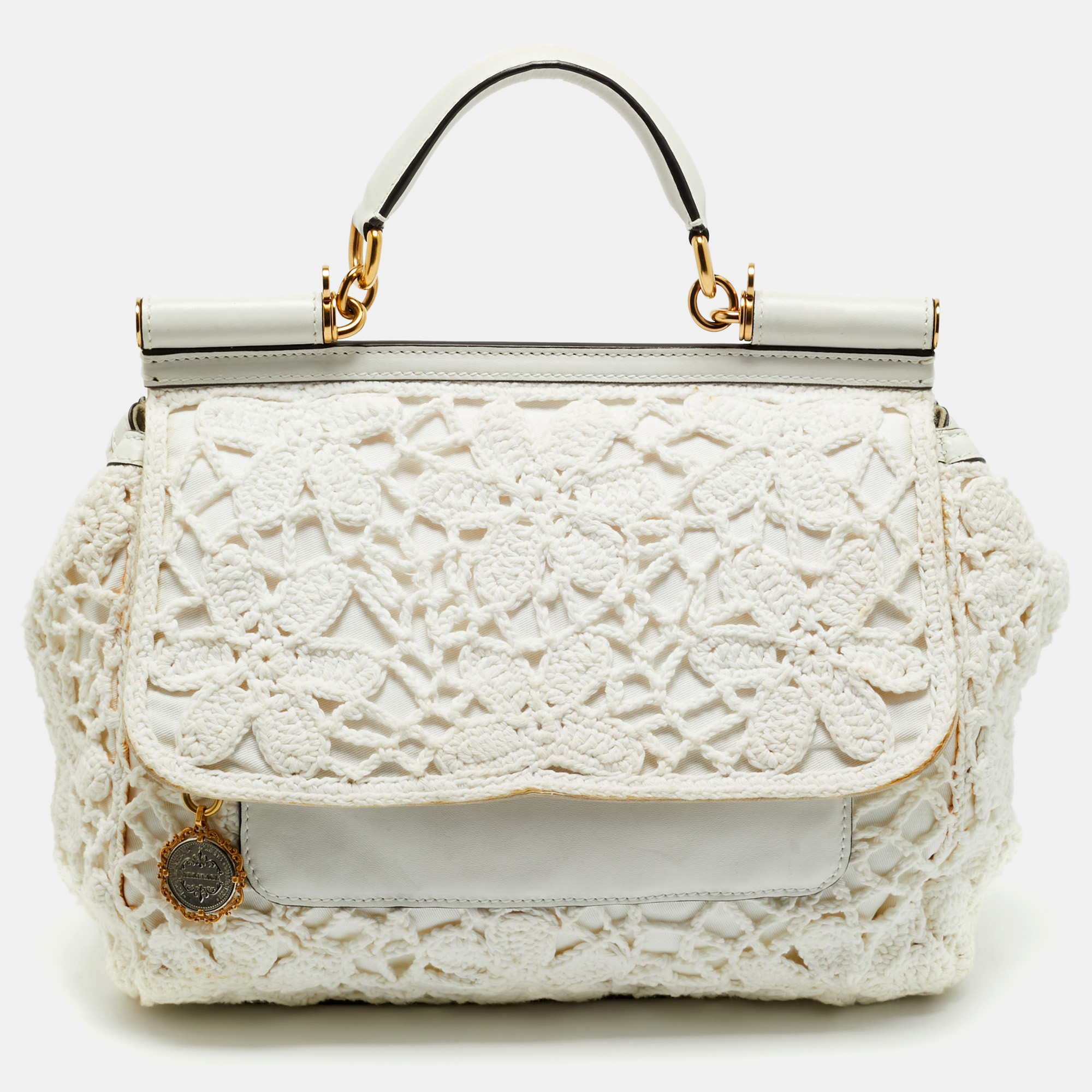 

Dolce & Gabbana White Crochet Fabric  Miss Sicily Top Handle Bag