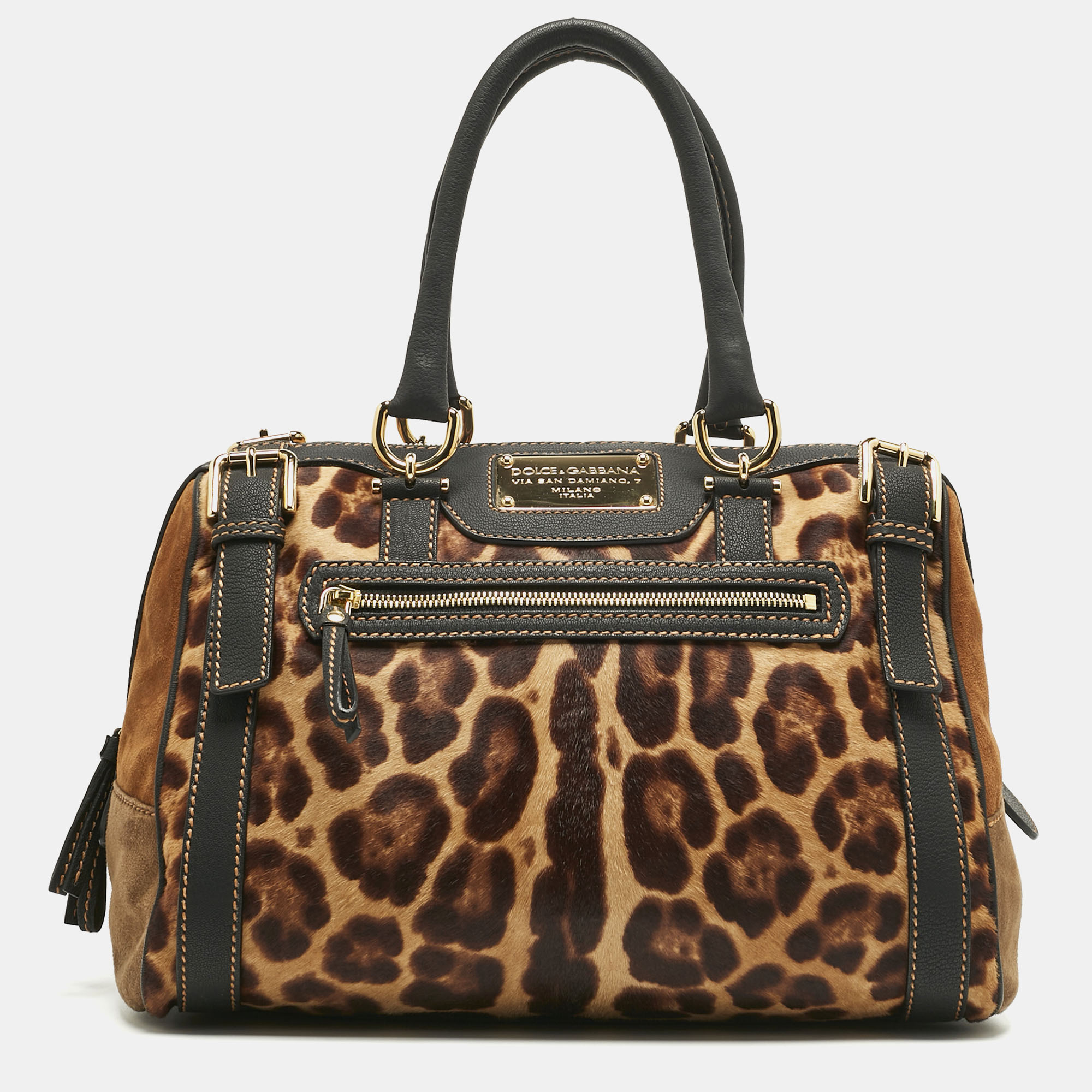 Dolce & Gabbana Brown/Black Leopard Print Calf Hair Miss Easy Way Satchel