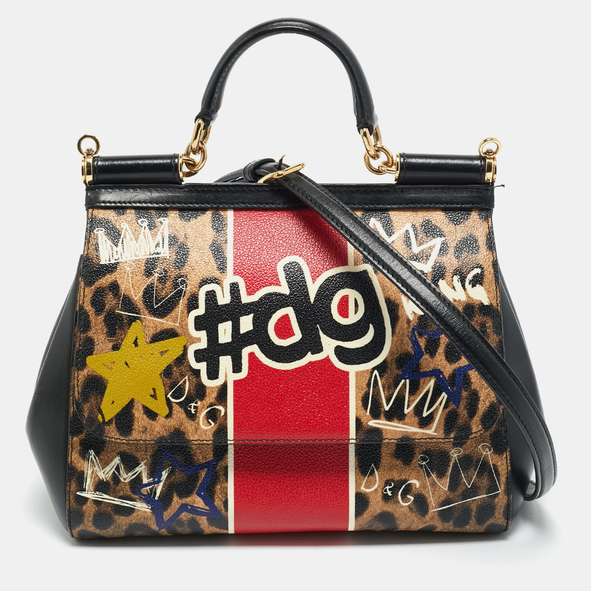 

Dolce & Gabbana Multicolor Leopard Print & Graffiti Coated Canvas  Miss Sicily Top Handle Bag