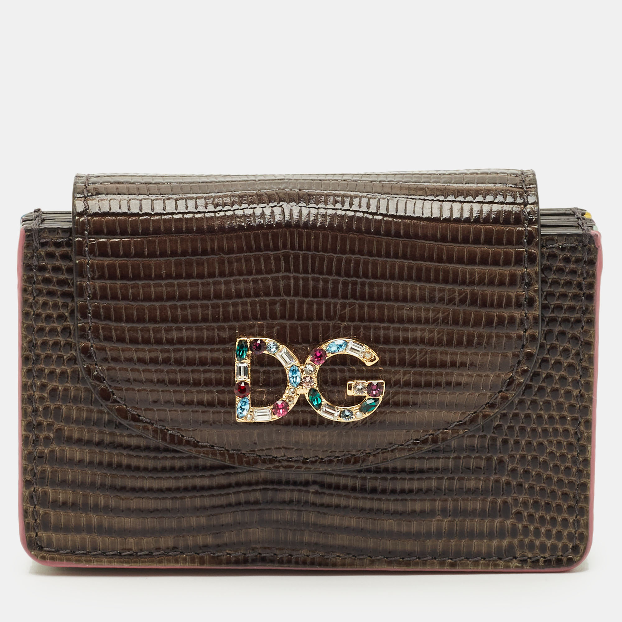 Pre-owned Dolce & Gabbana Grey Lizard Embossed Leather Dg Crystals Flap Card Case In Gray