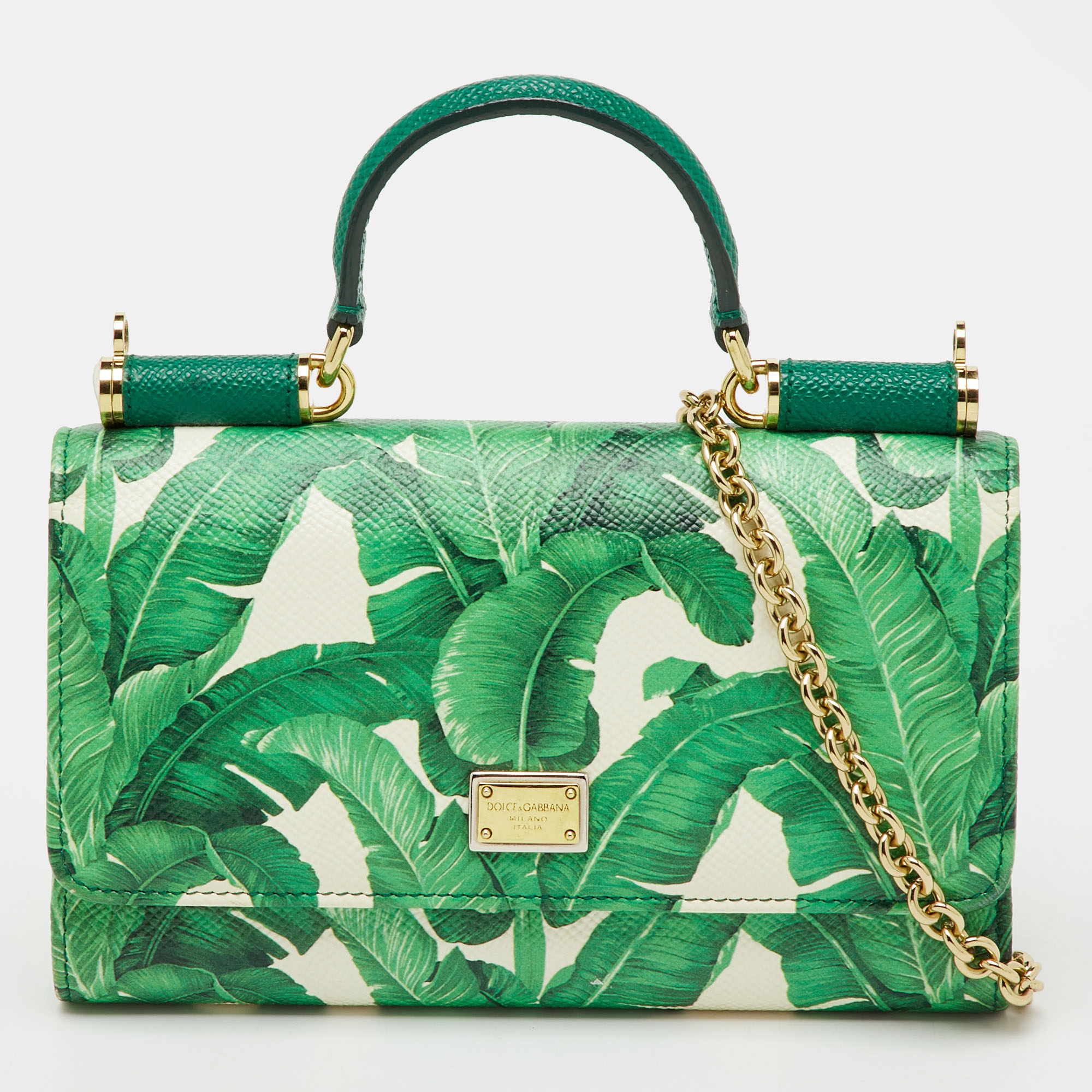 

Dolce & Gabbana Green Leaf Print Leather Miss Sicily Von Wallet On Chain