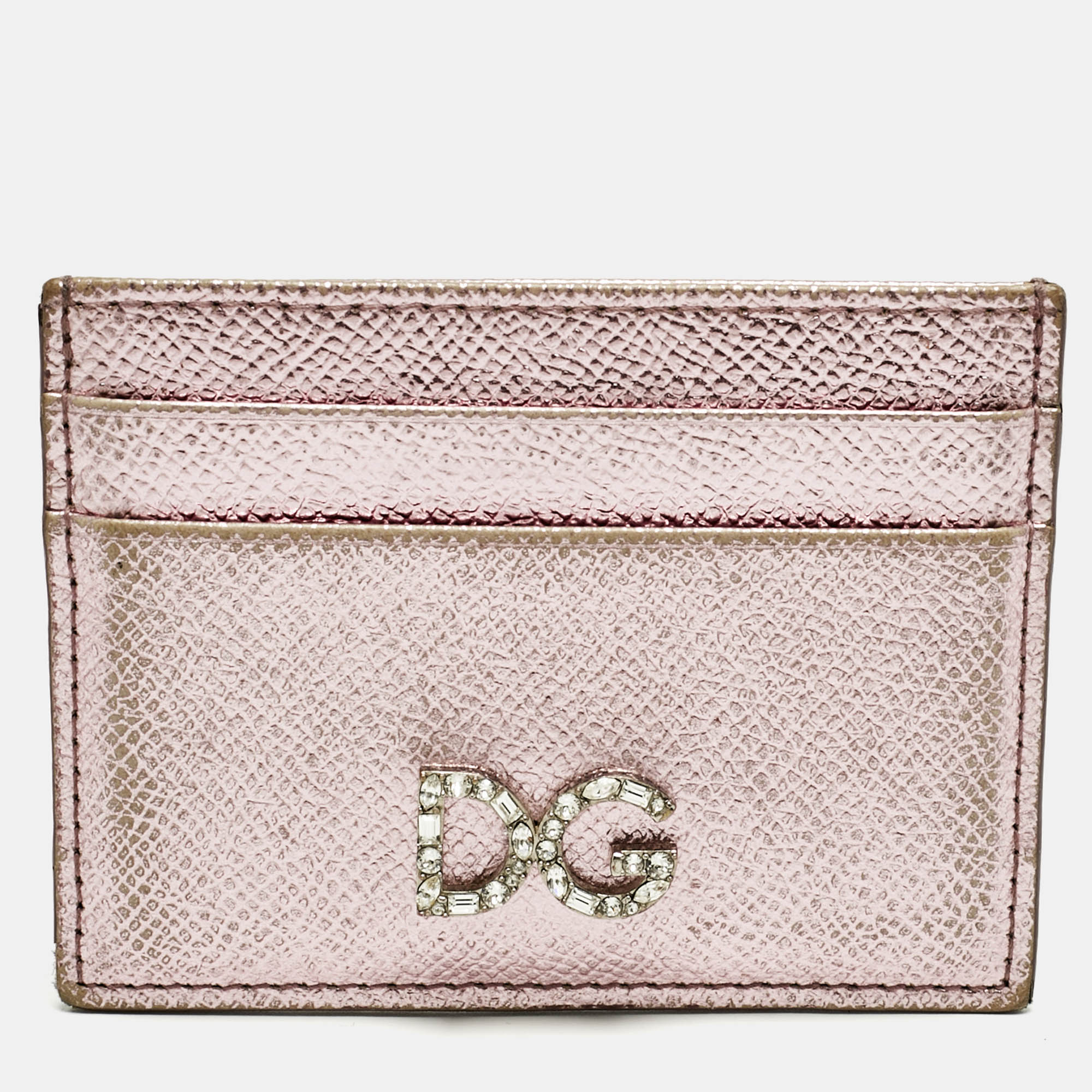 Pre-owned Dolce & Gabbana Metallic Pink Leather Dg Crystals Card Holder