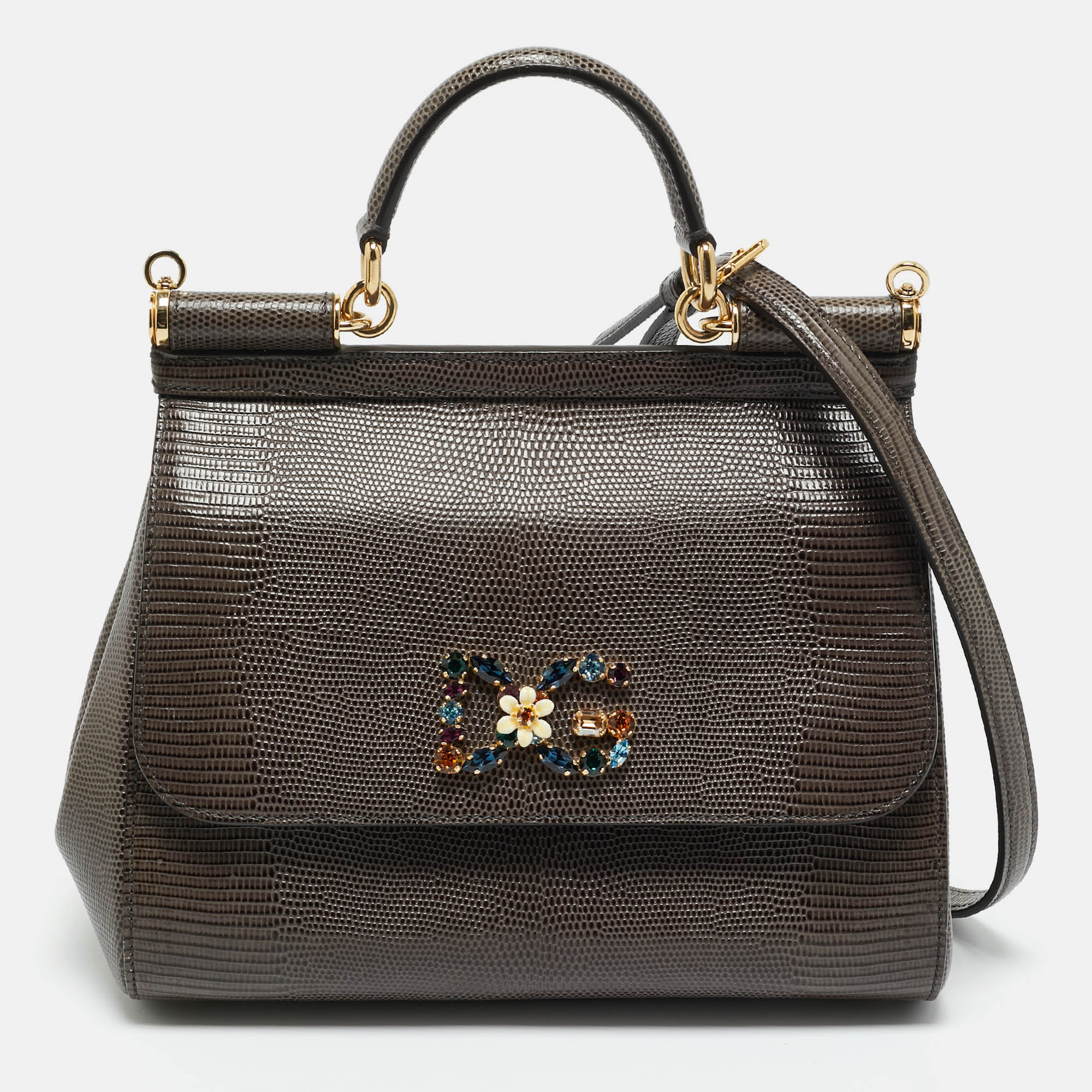 

Dolce & Gabbana Dark Grey Lizard Embossed Leather  Crystal DG Miss Sicily Top Handle Bag