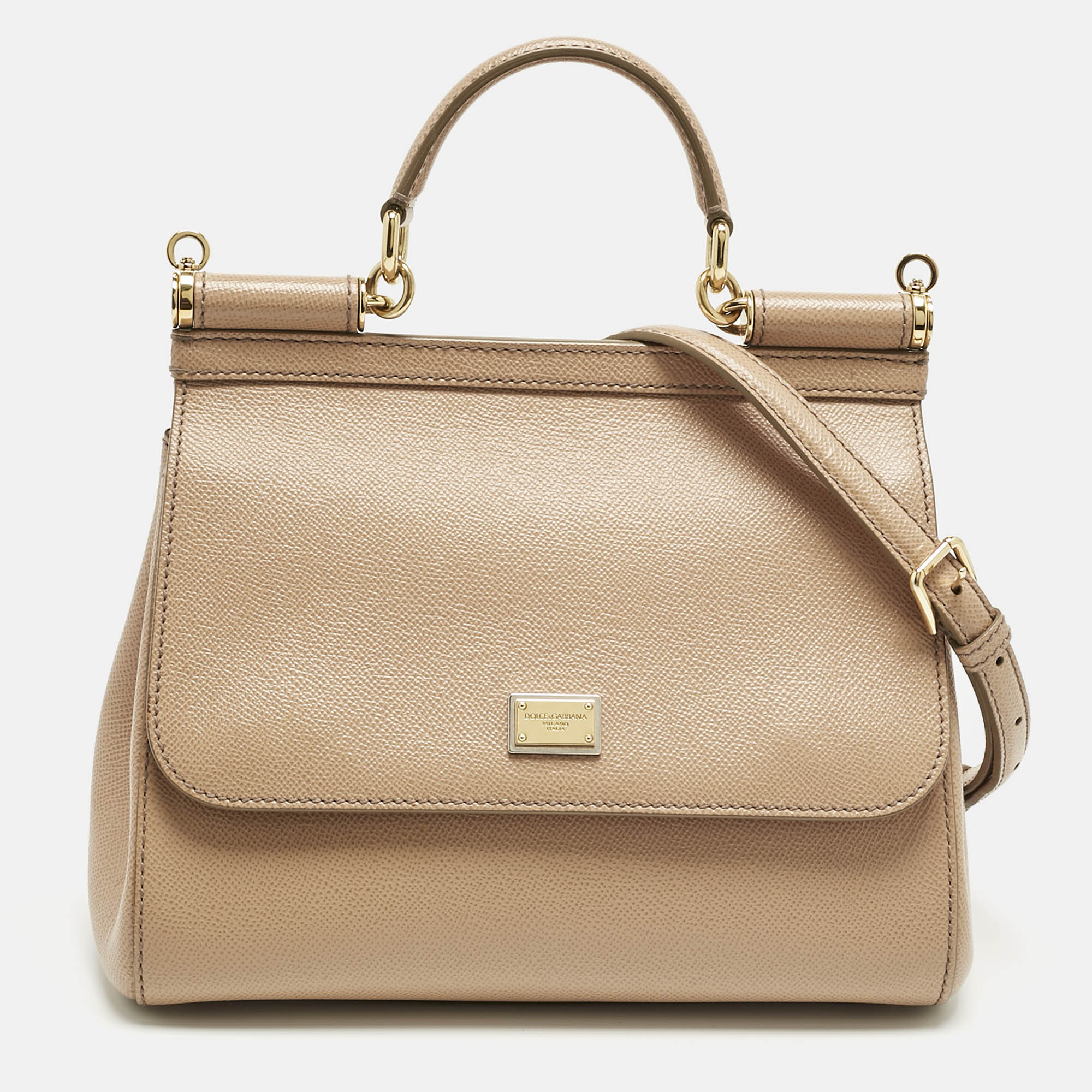 Pre-owned Dolce & Gabbana Beige Leather Medium Miss Sicily Top Handle Bag In Sand