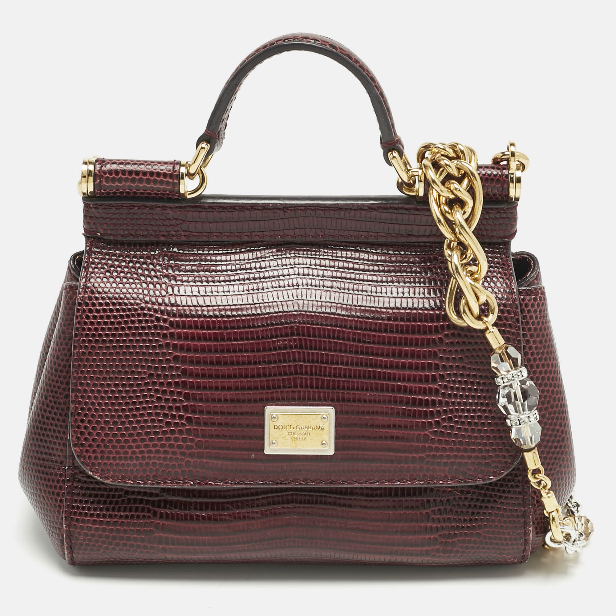 

Dolce & Gabbana Burgundy Lizard Embossed Leather Micro Miss Sicily Top Handle Bag