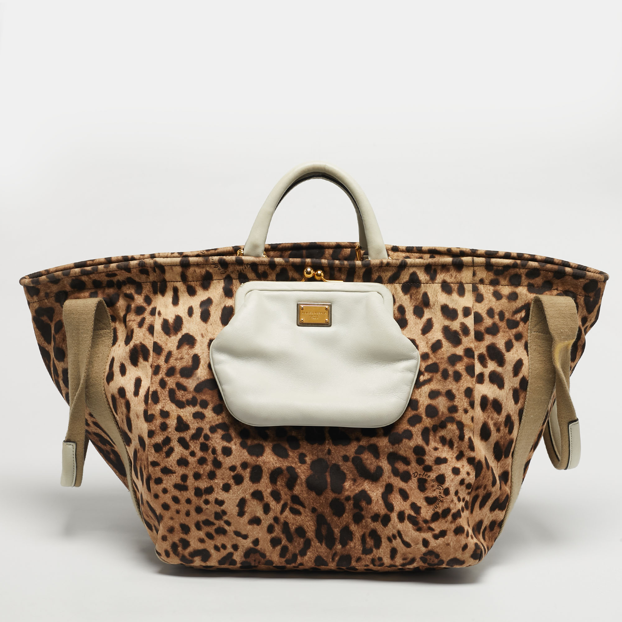 Pre-owned Dolce & Gabbana Brown/black Leopard Print Fabric And Leather Front Pouch Tote
