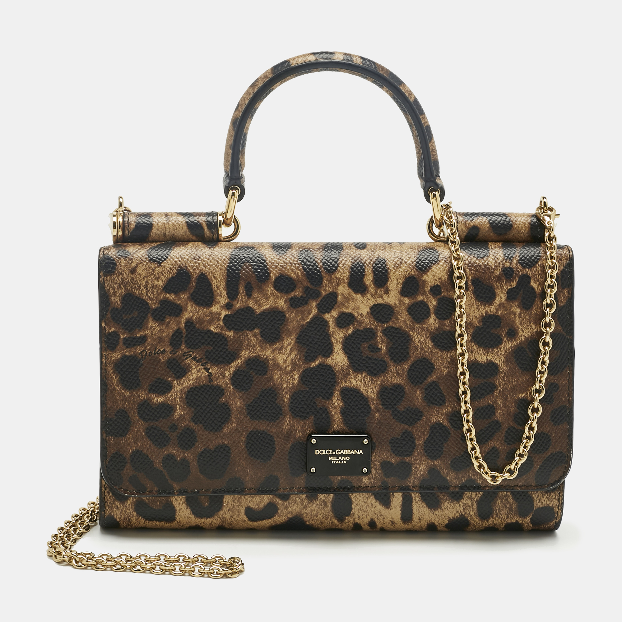 Pre-owned Dolce & Gabbana Beige/black Leopard Print Coated Canvas Miss Sicily Von Wallet On Chain In Sand