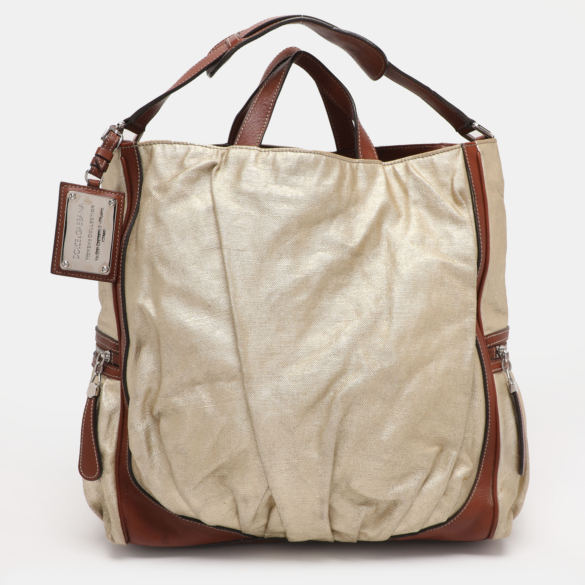 Pre-owned Dolce & Gabbana Gold/brown Coated Canvas And Leather Miss Exotic Tote