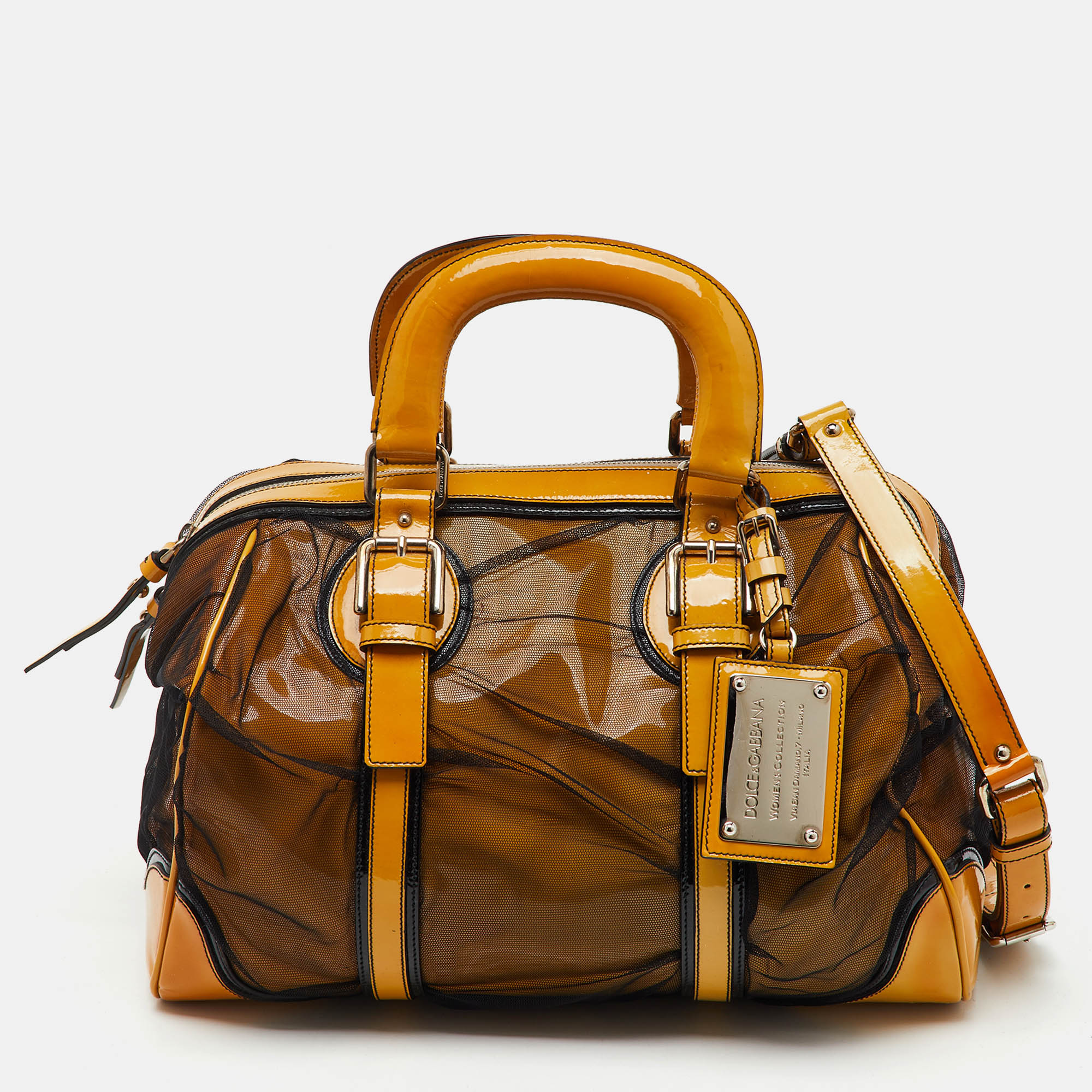 Pre-owned Dolce & Gabbana Yellow/black Mesh And Patent Leather Miss Romantique Satchel