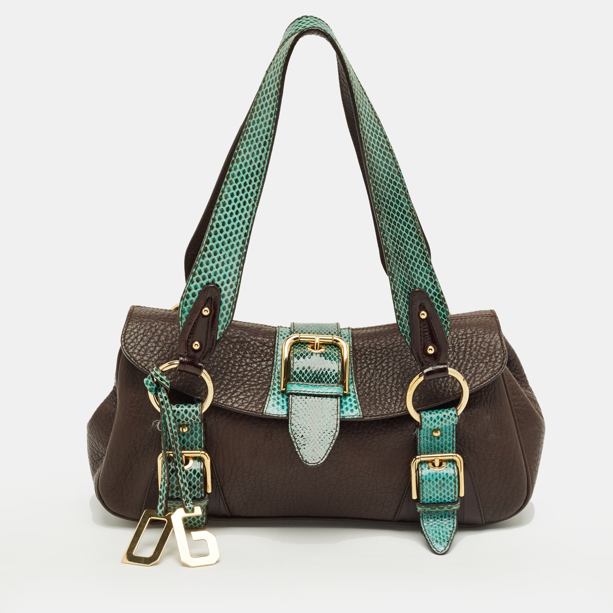 

Dolce & Gabbana Brown/Green Leather and Ayers Buckle Flap Satchel