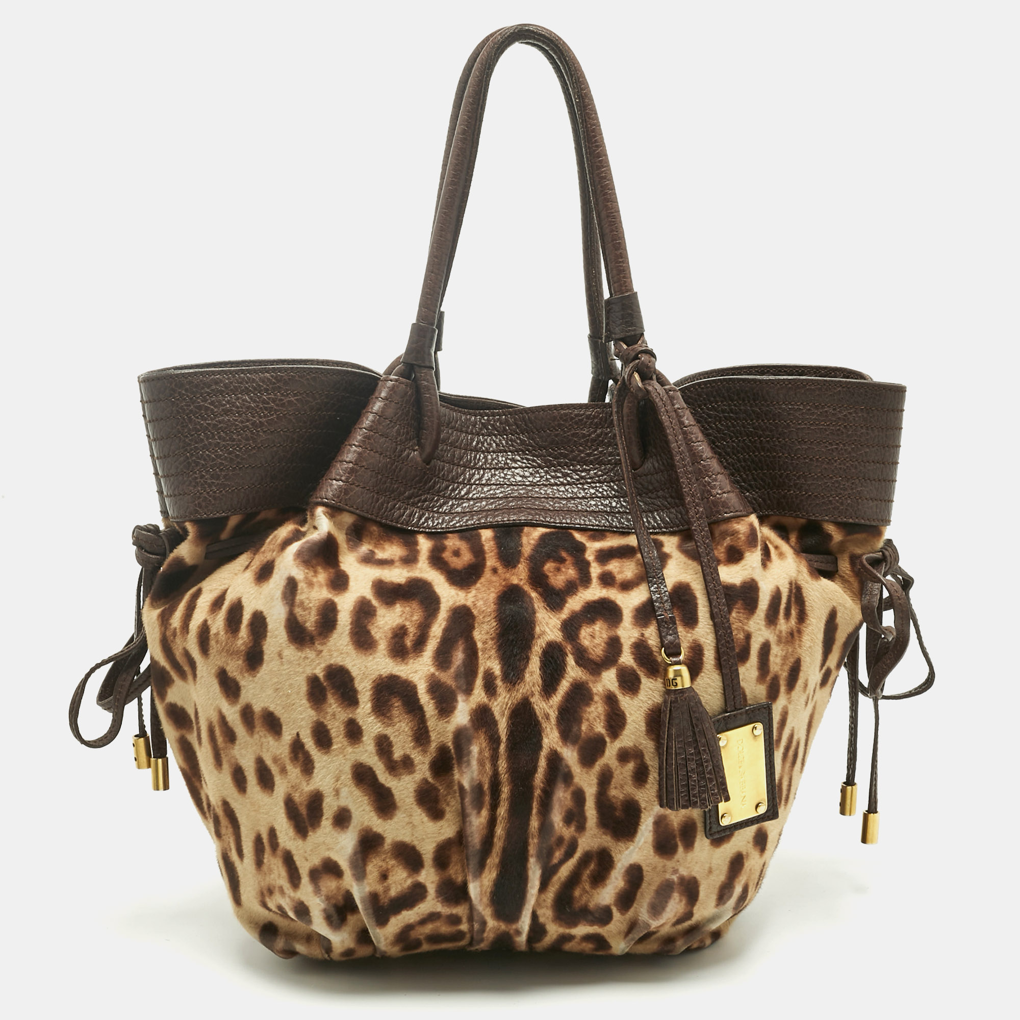 

Dolce & Gabbana Brown Leopard Calfhair and Leather Drawstring Hobo
