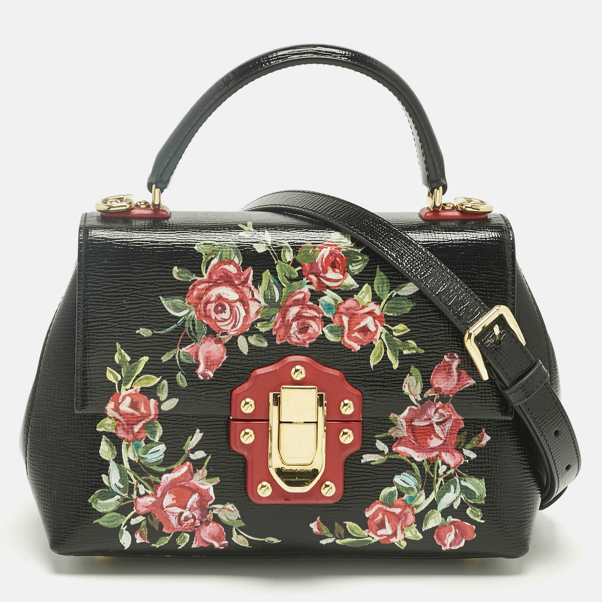 Pre-owned Dolce & Gabbana Black Leather Floral Lucia Top Handle Bag