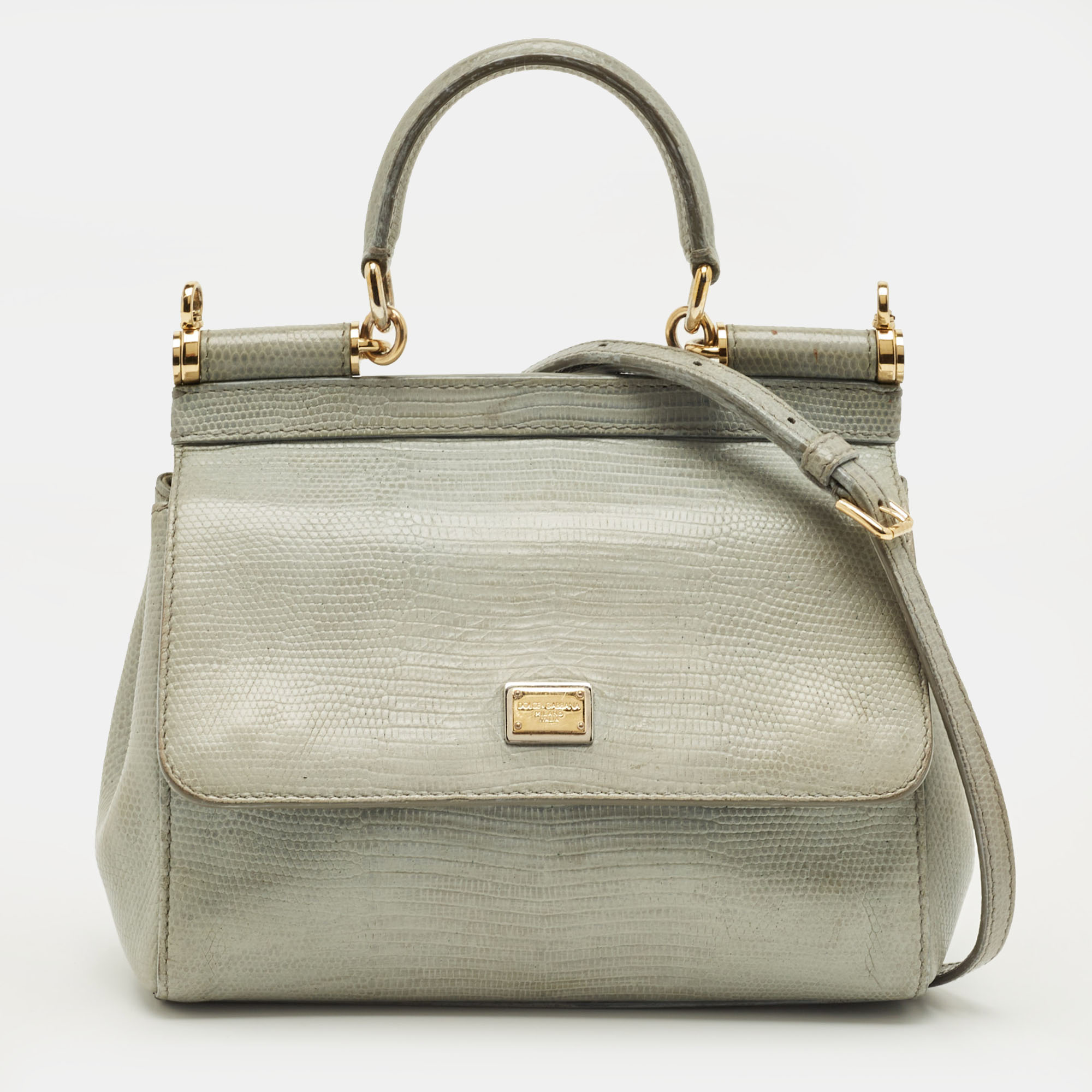 Pre-owned Dolce & Gabbana Grey Lizard Embossed Leather Small Miss Sicily Top Handle Bag In Gray