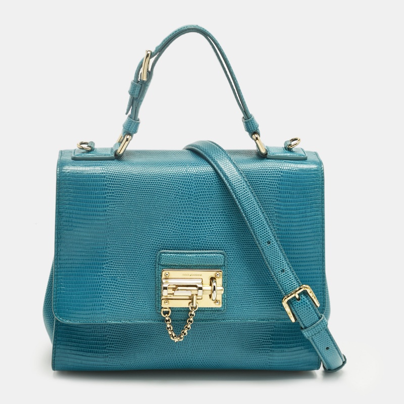 Pre-owned Dolce & Gabbana Turquoise Lizard Embossed Leather Medium Miss Monica Top Handle Bag In Blue