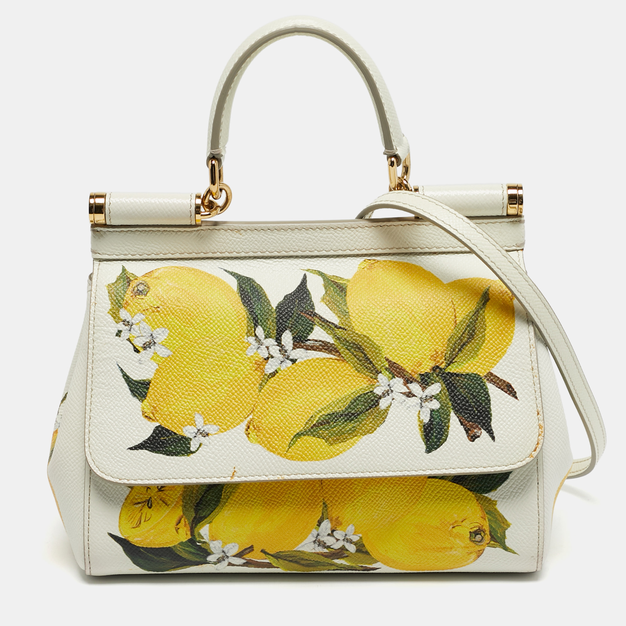 Pre-owned Dolce & Gabbana White Lime Print Leather Small Miss Sicily Top Handle Bag