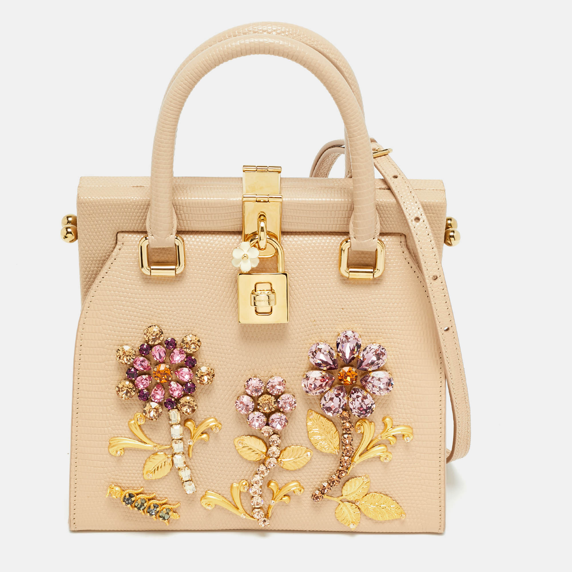 Pre-owned Dolce & Gabbana Beige Lizard Embossed Leather Floral Crystal Embellished Frame Top Handle Bag In Sand