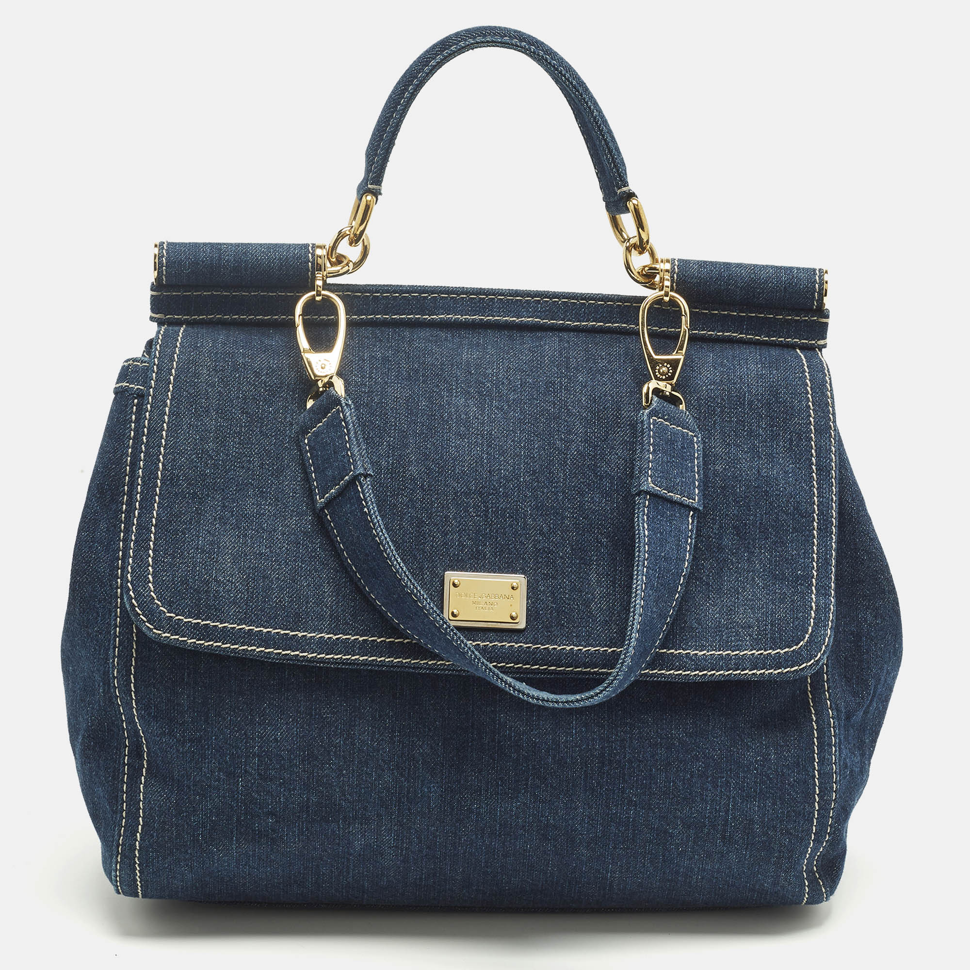 Pre-owned Dolce & Gabbana Blue Denim Large Miss Sicily Top Handle Bag