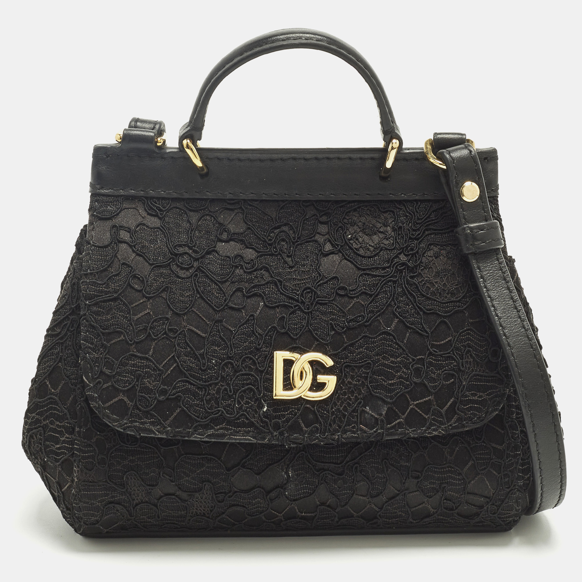 Pre-owned Dolce & Gabbana Miss Sicily Micro Black Lace And Leather Top Handle Bag