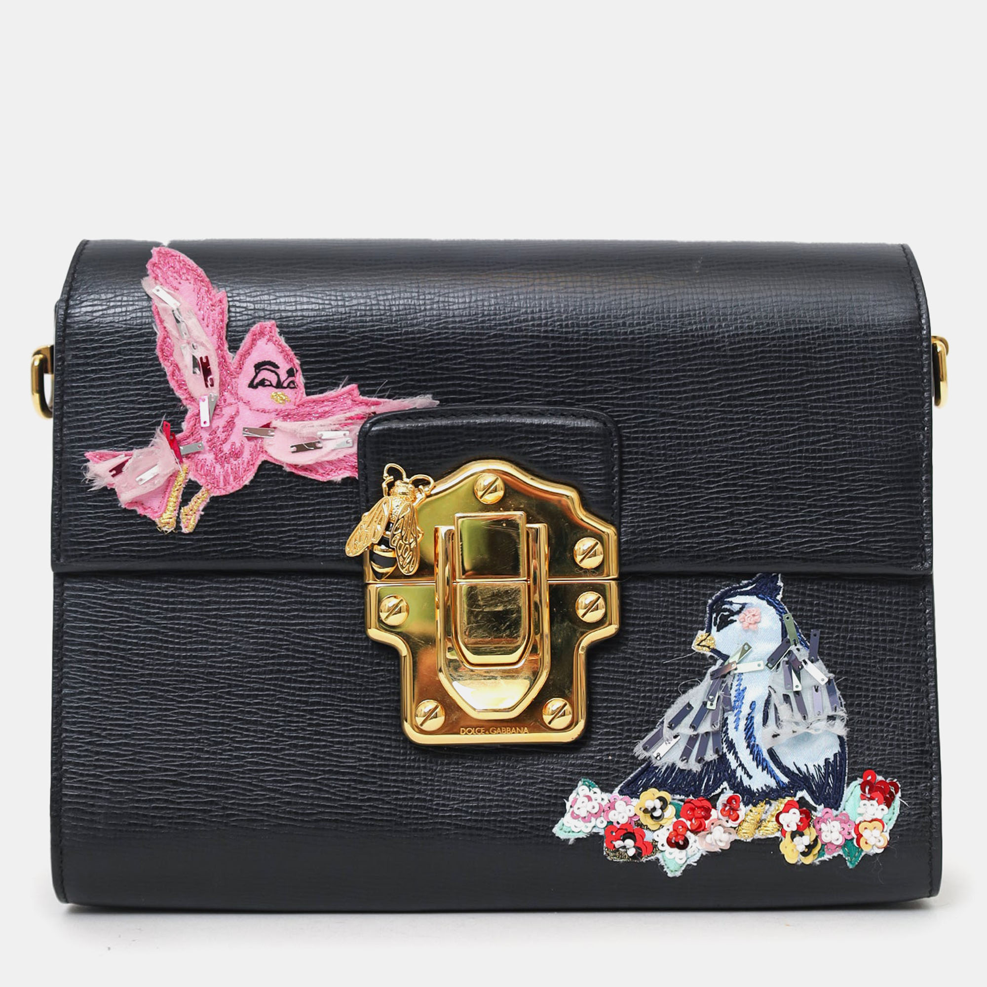 

Dolce & Gabbana Black Embossed Leather Bird Embellished Shoulder Bag