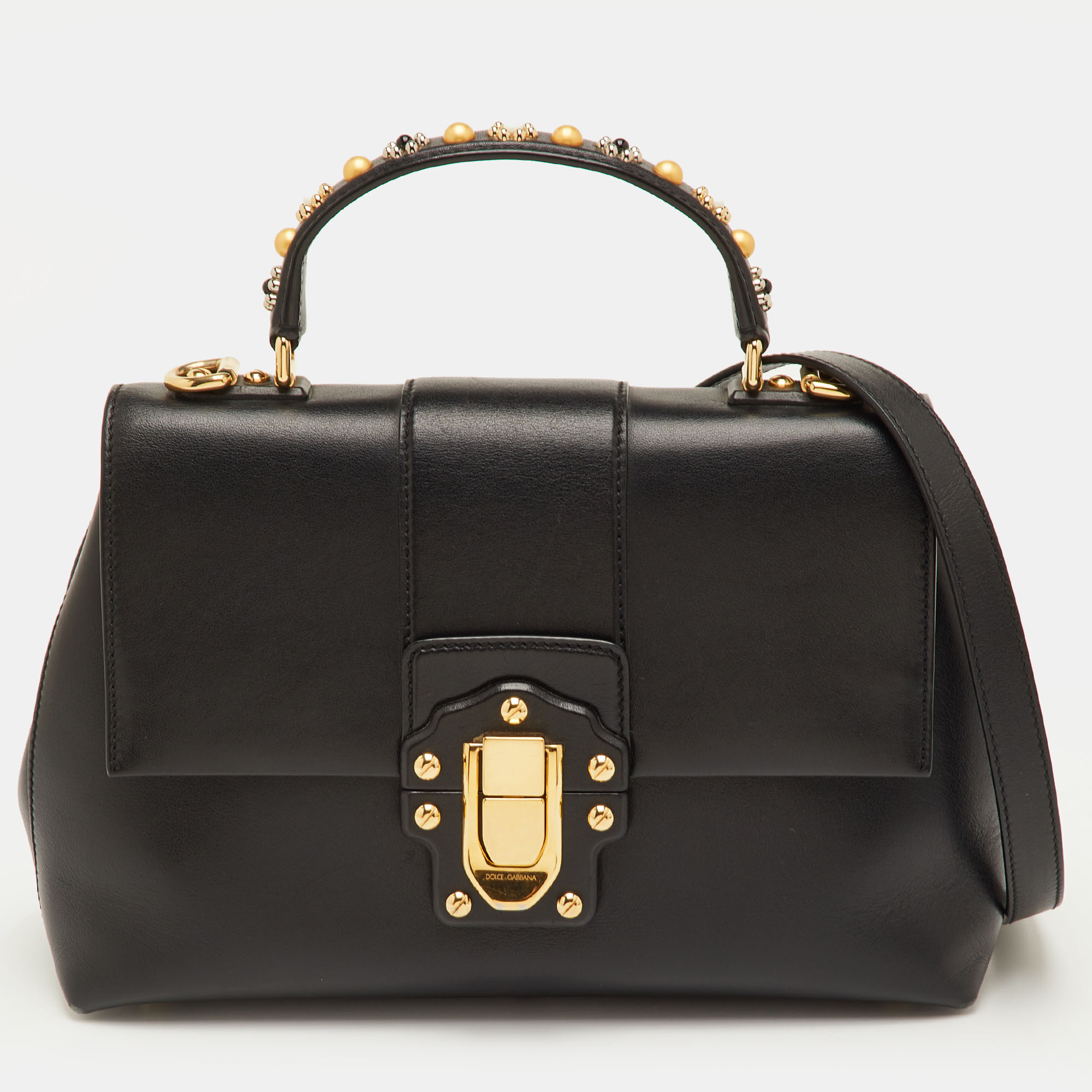 

Dolce & Gabbana Lucia Black Leather Studded Top Handle Bag