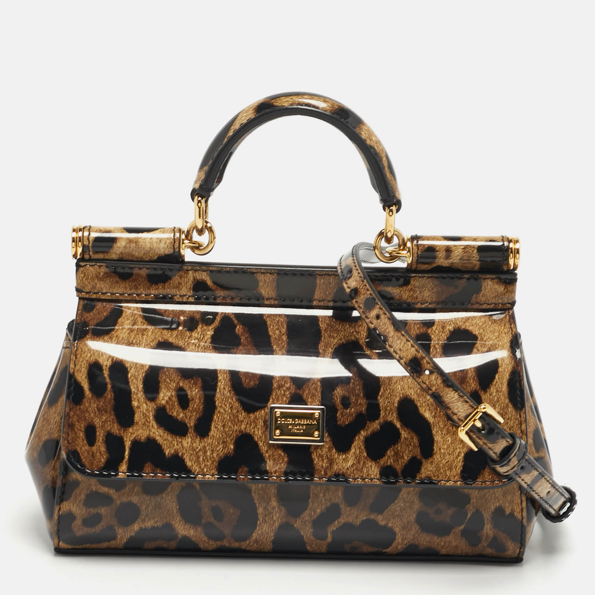 

Dolce & Gabbana Miss Sicily x Kim Small Brown Leopard Print Patent Leather Top Handle Bag