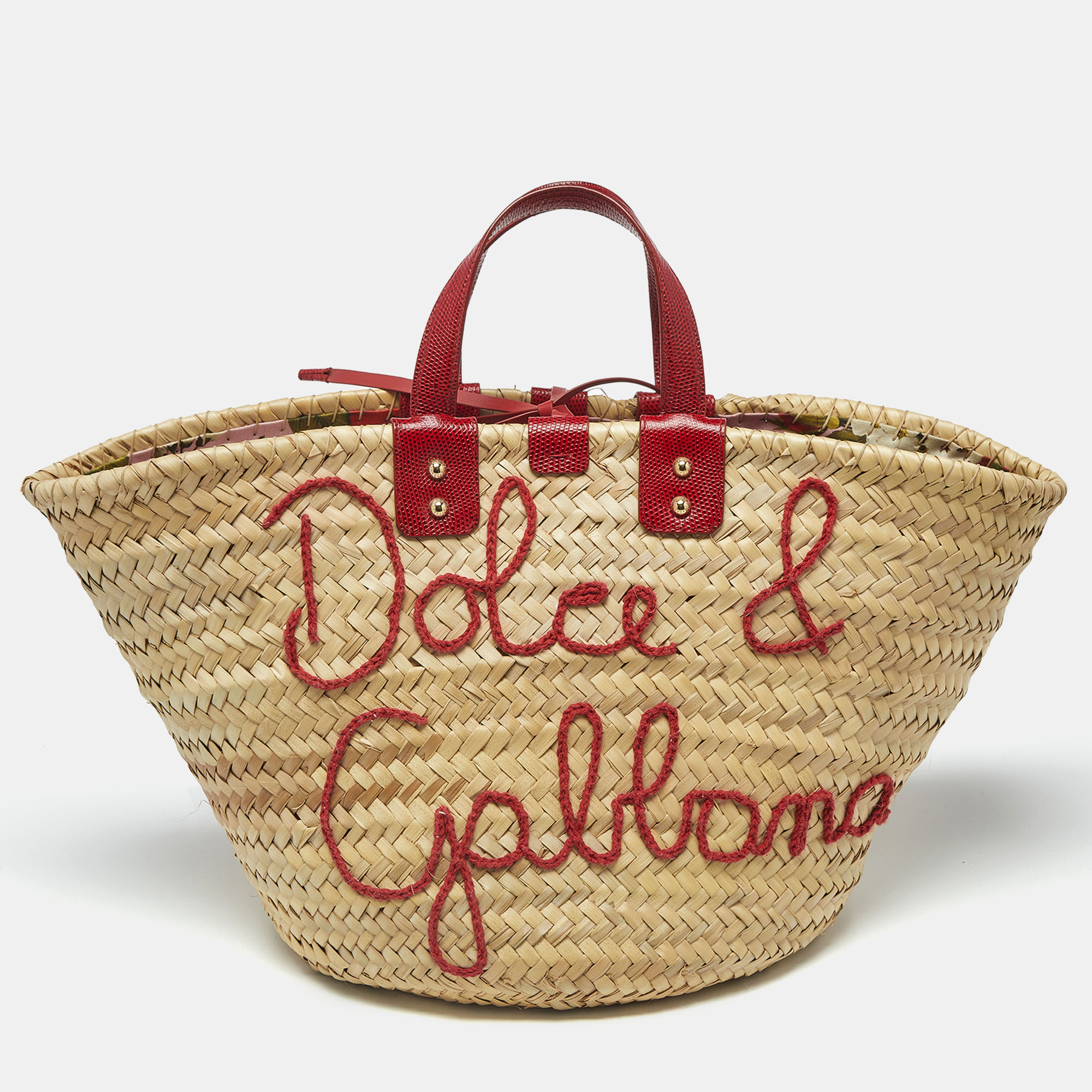 

Dolce & Gabbana Kendra Embroidered Red/Cream Lizard Embossed Leather and Raffia Basket Bag