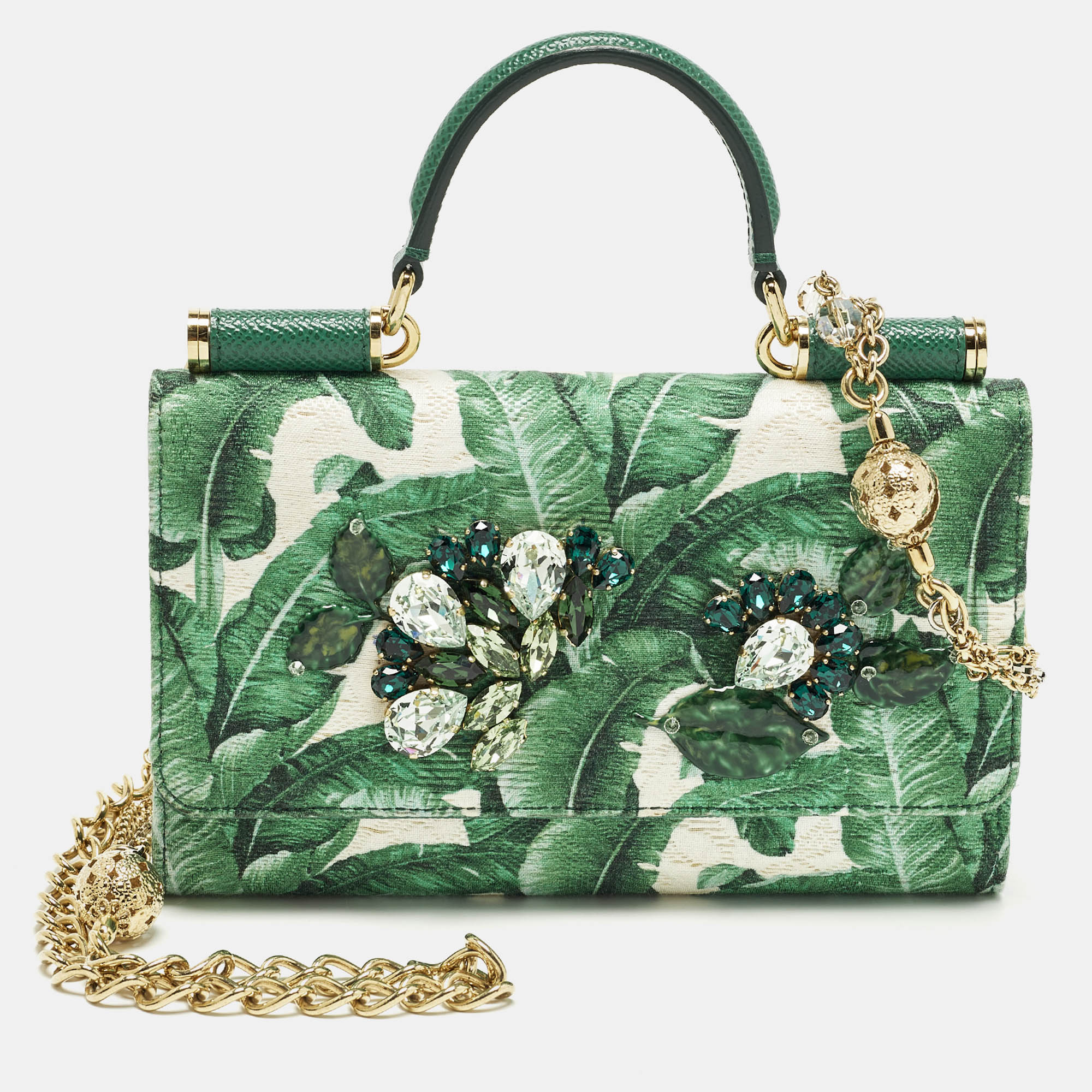 Pre-owned Dolce & Gabbana Miss Sicily Von Crystal Green Leaf Print Fabric And Leather Wallet On Chain
