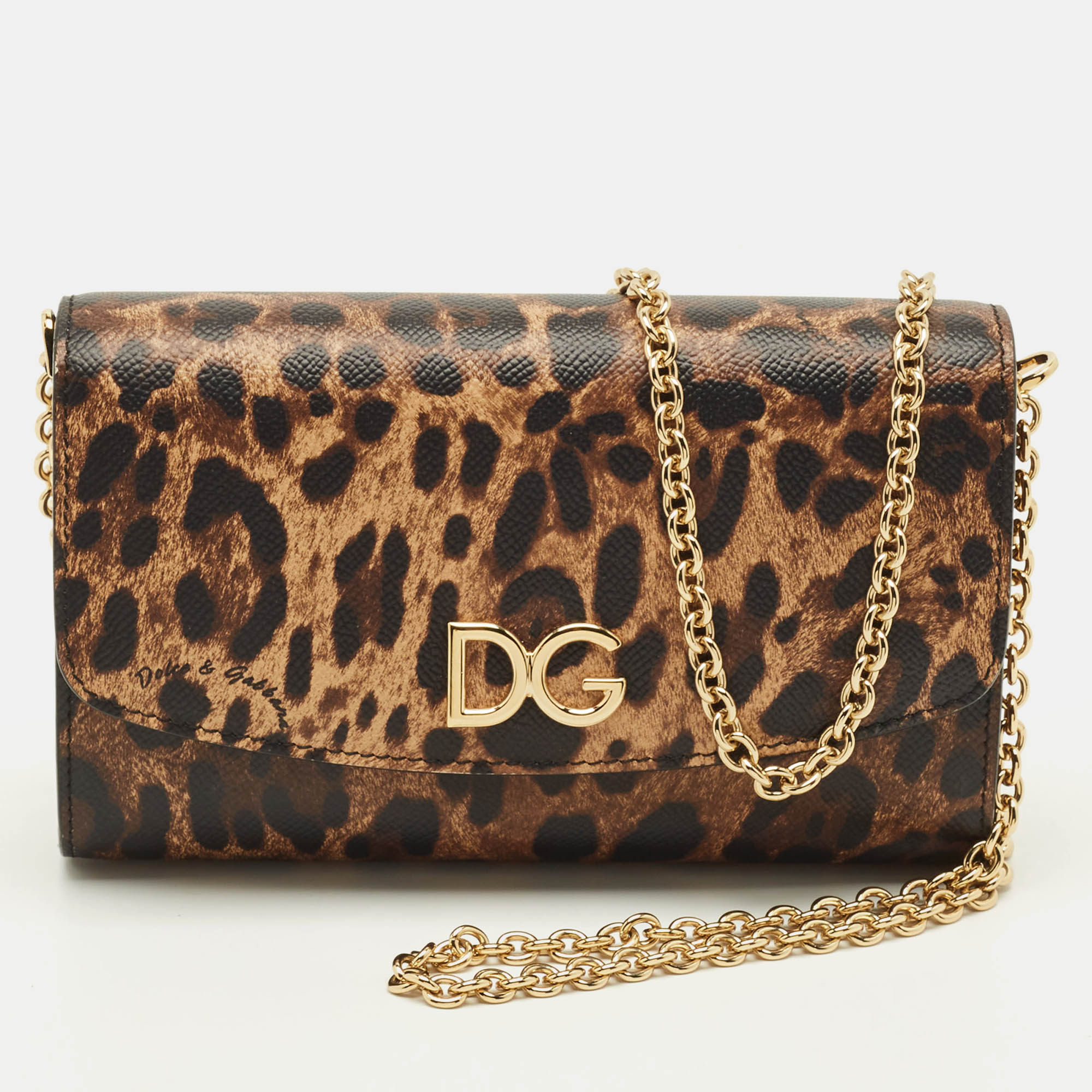 

Dolce & Gabbana DG Logo Brown Leopard Print Coated Canvas Chain Clutch