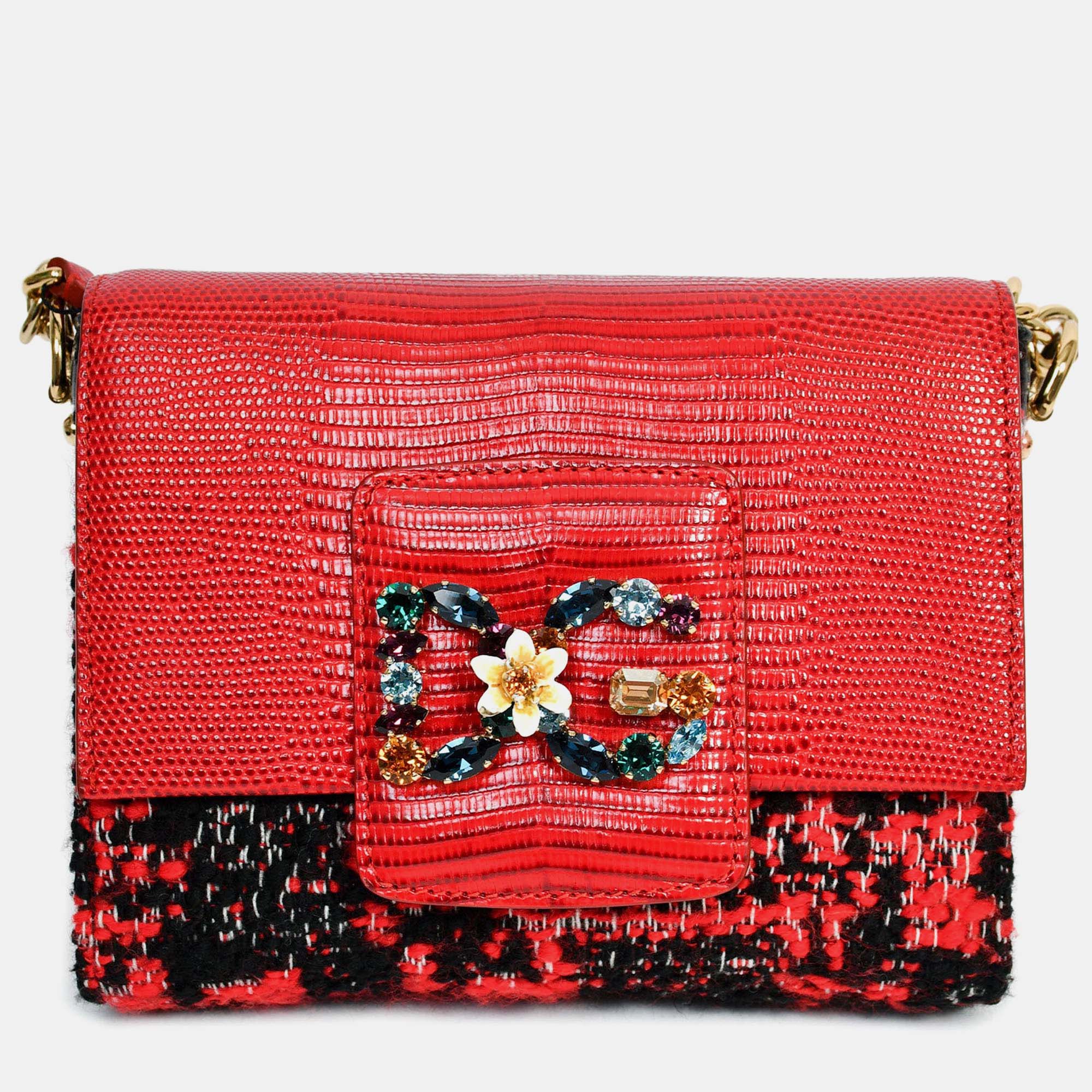 

Dolce & Gabbana Red Embossed Leather Tweed Crystal DG Mini Crossbody Bag