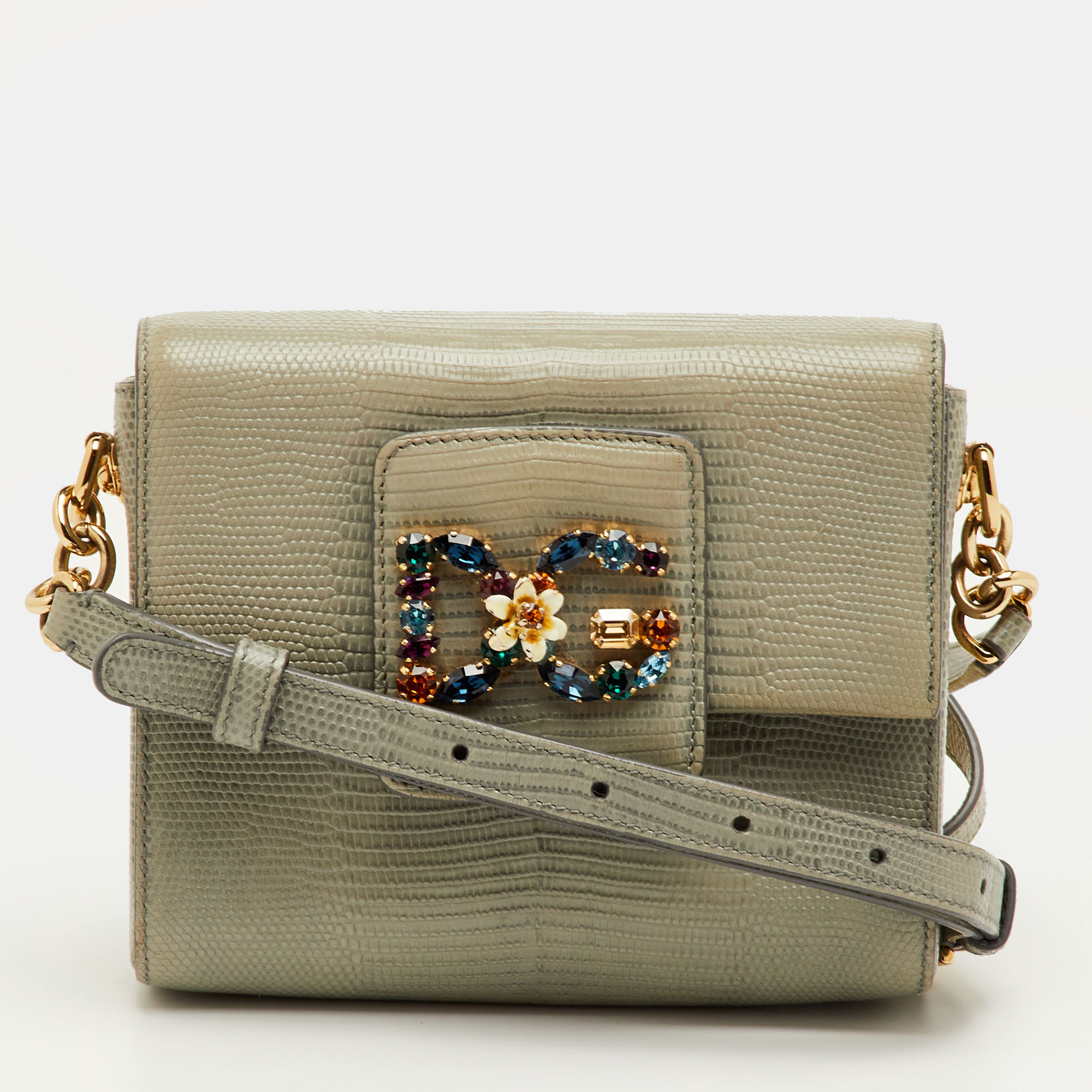 

Dolce & Gabbana DG Millennials Sage Grey Lizard Embossed Leather Crossbody Bag, Green