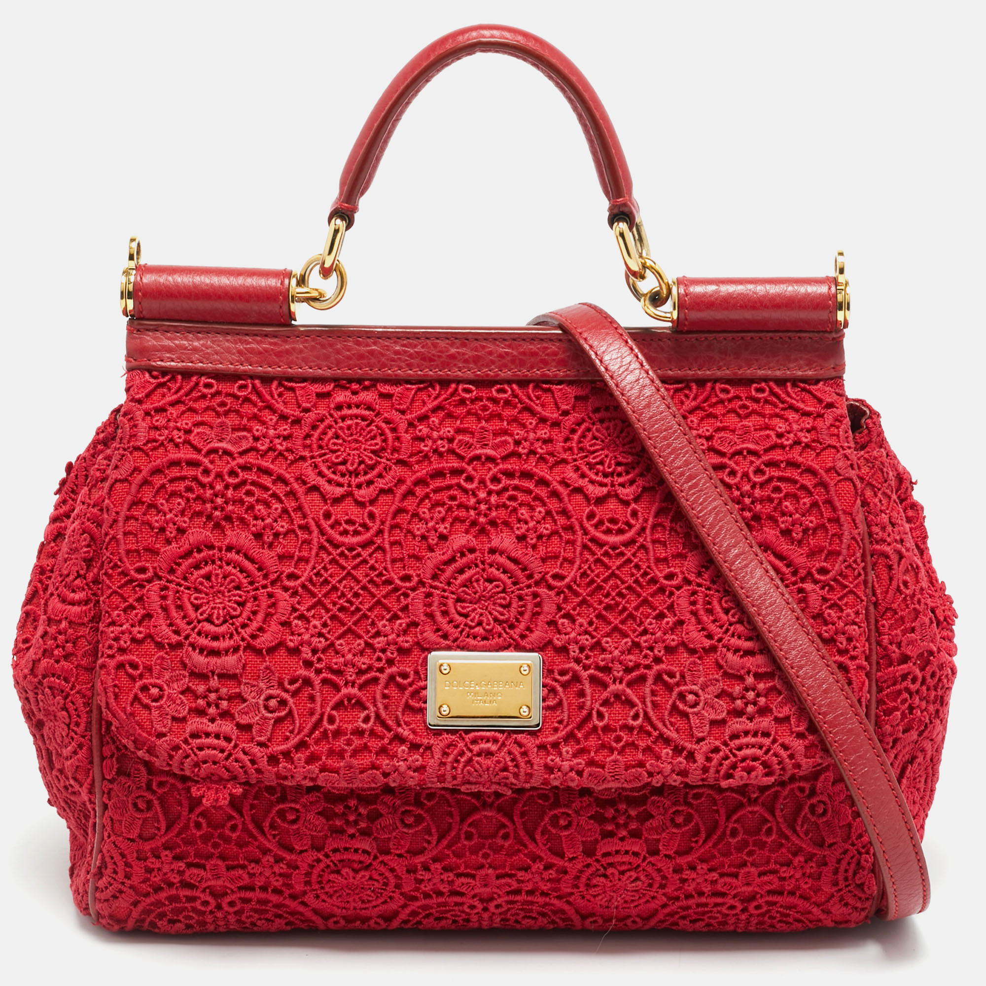 

Dolce & Gabbana Miss Sicily  Red Floral Crochet Canvas Top Handle Bag