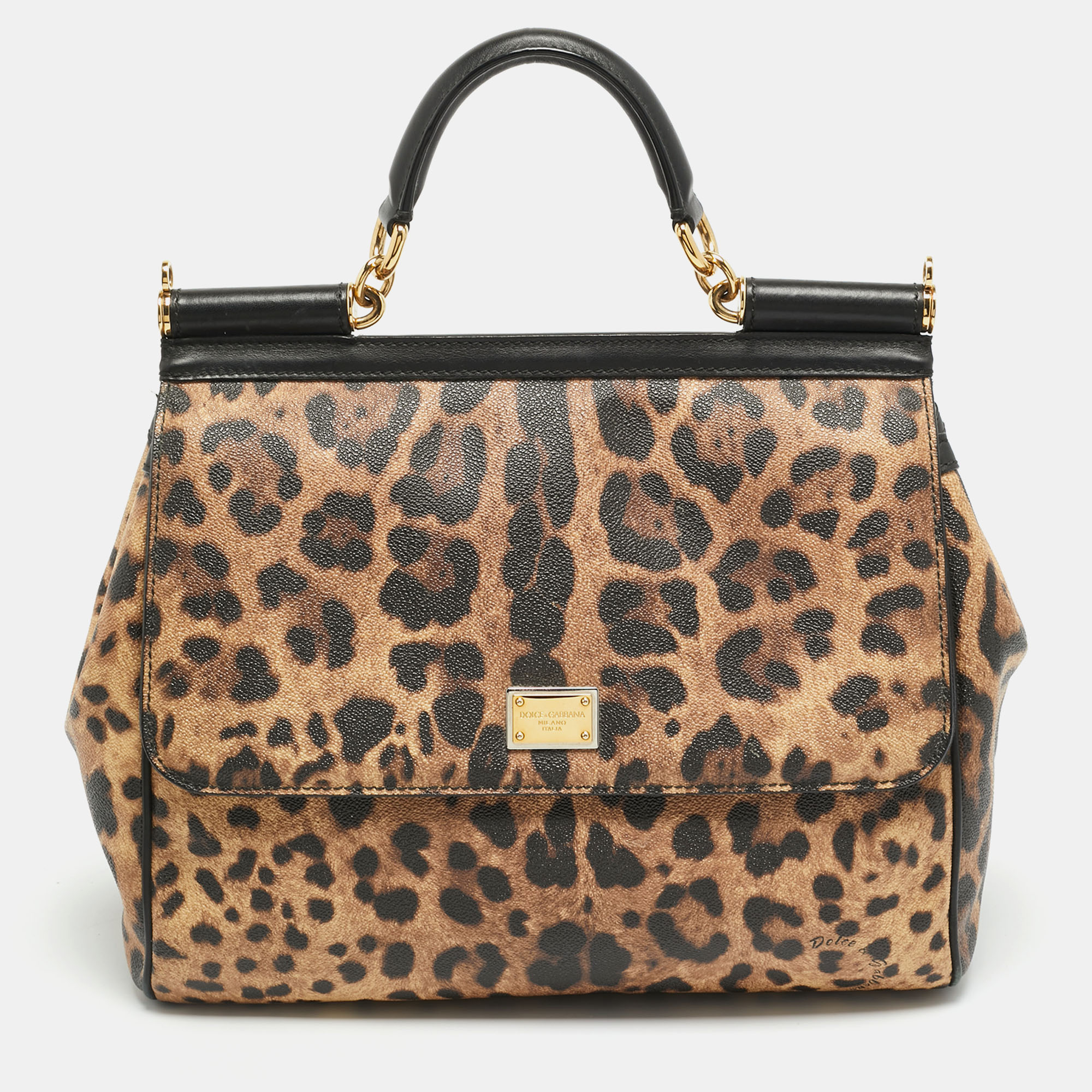 

Dolce & Gabbana Miss Sicily  Brown/Black Leopard Print Coated Canvas Top Handle Bag