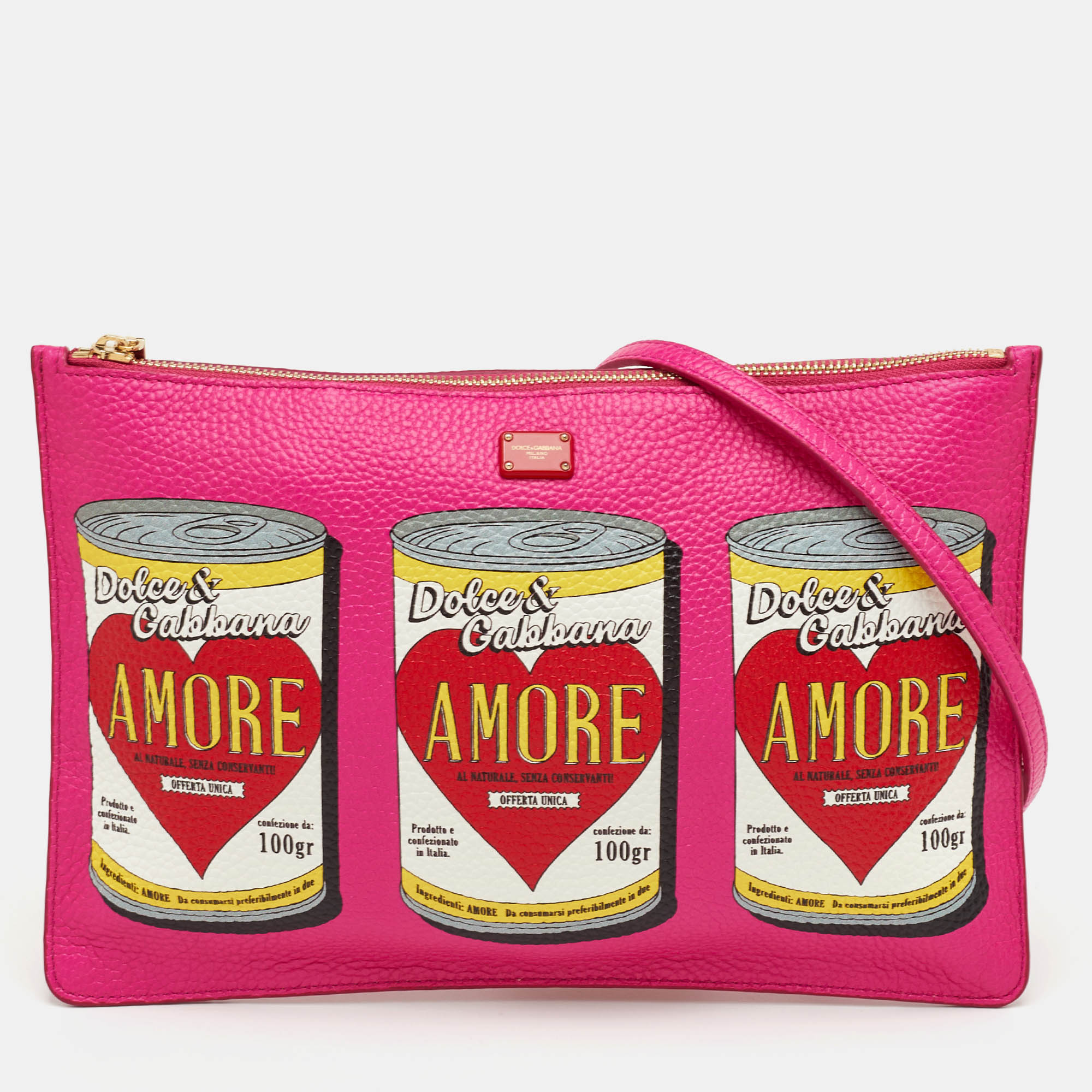 

Dolce & Gabbana Amore Soup Can Print Pink Leather Zip Crossbody Bag