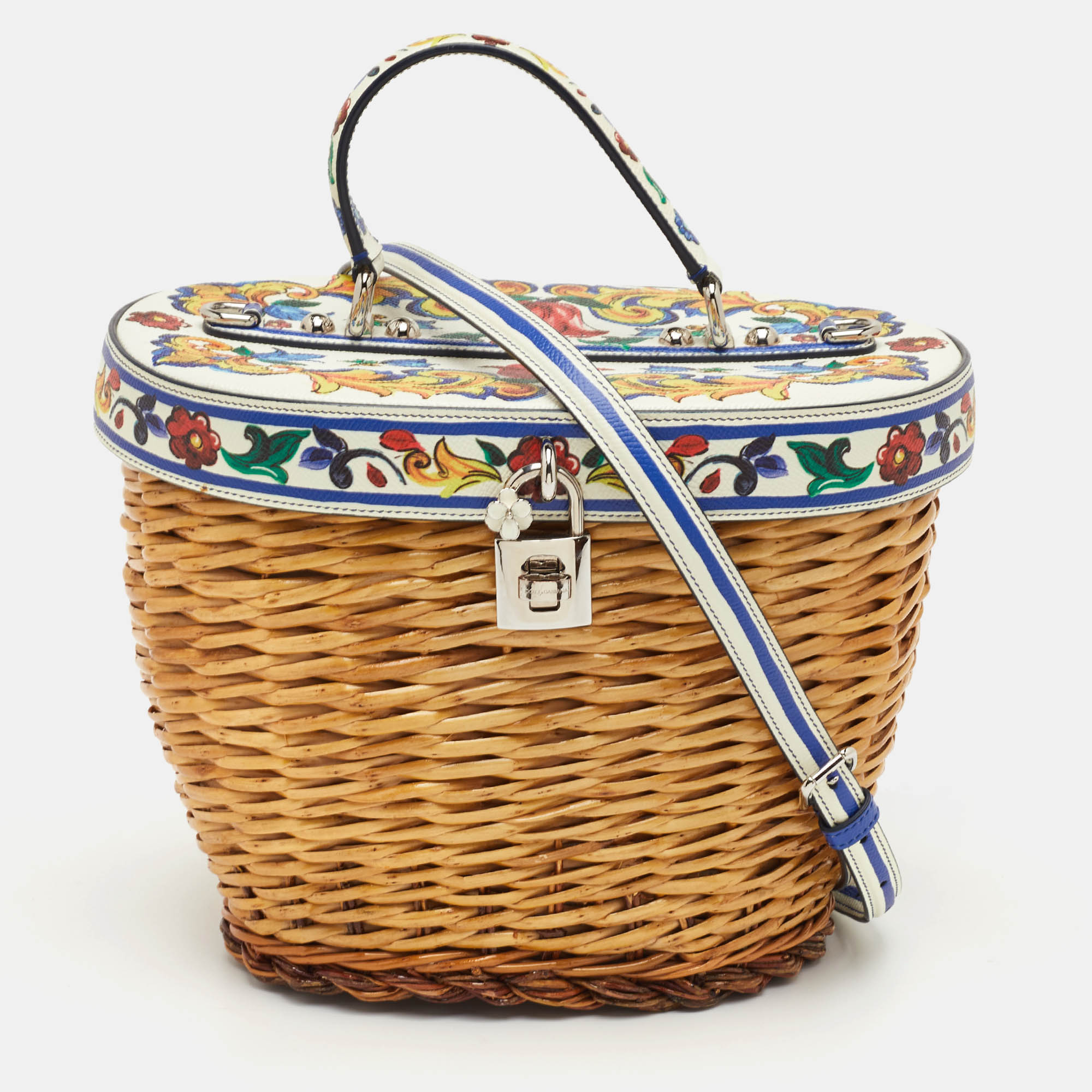 

Dolce & Gabbana Dauphin Print Multicolor Leather and Wicker Basket Top Handle Bag