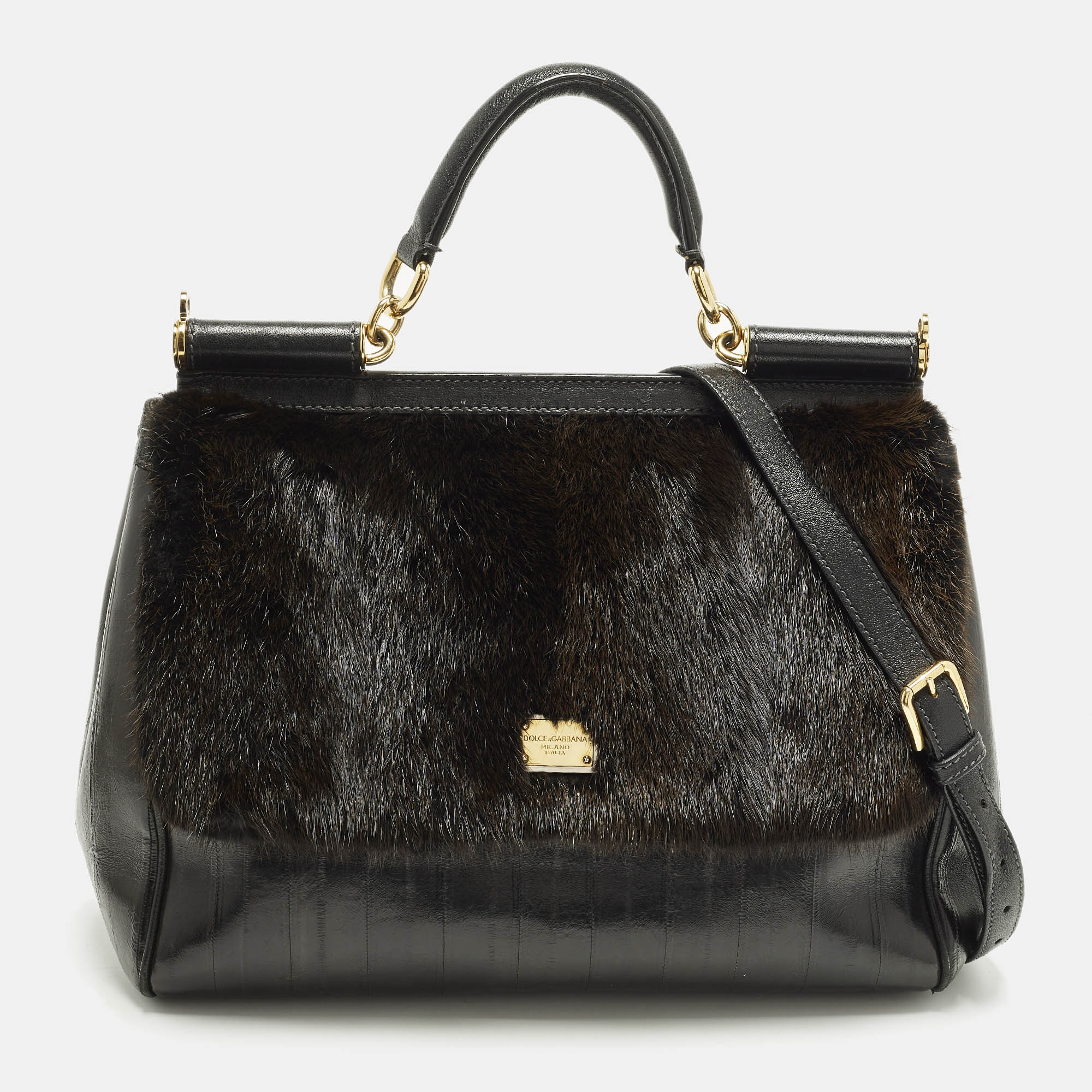 

Dolce & Gabbana Miss Sicily  Black/Brown Eel Leather and Mink Fur Top Handle Bag