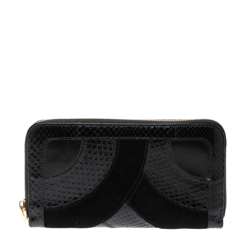 Dolce and Gabbana Black Suede and Snake Skin Zip Around Continental Wallet