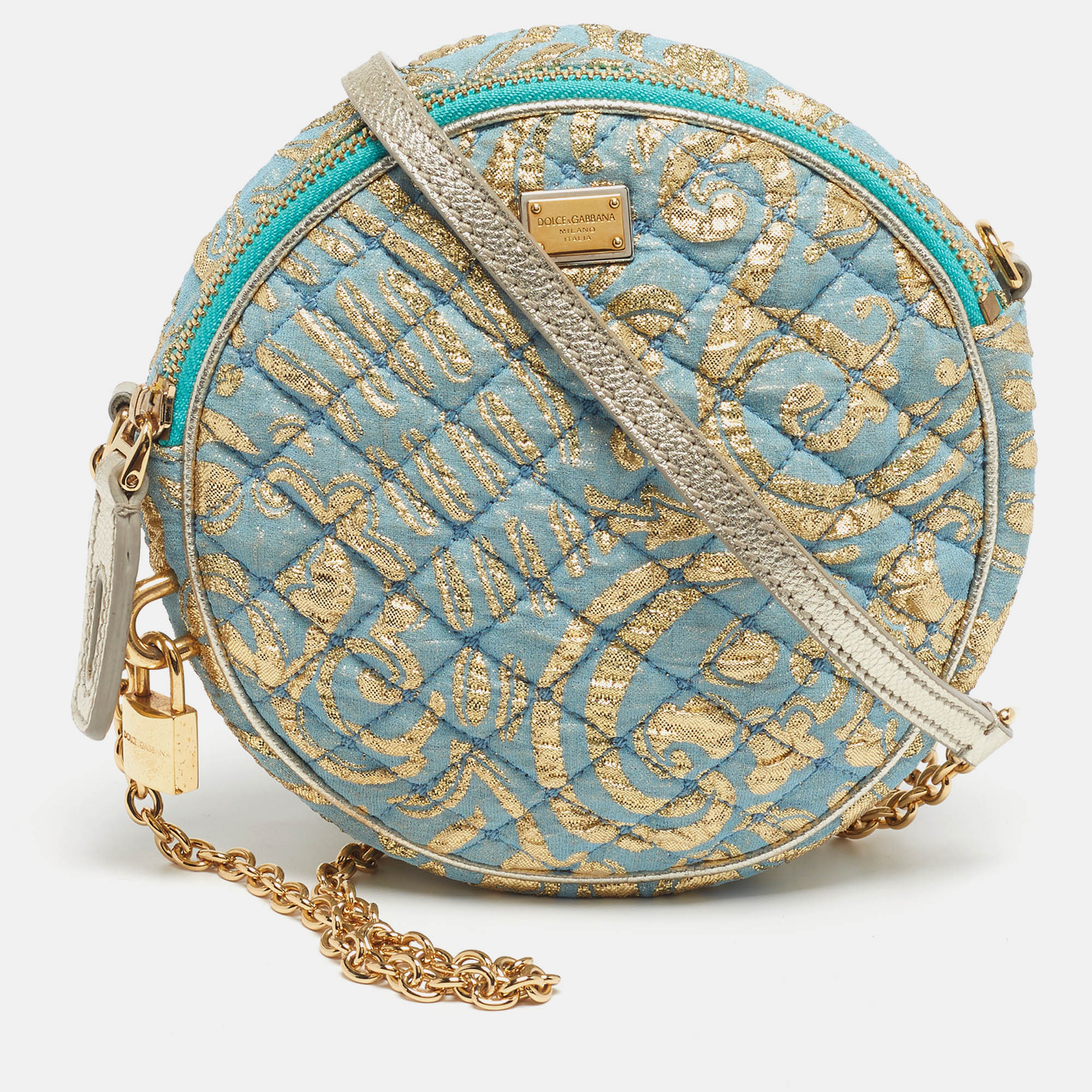 

Dolce & Gabbana Miss Glam Round Blue/Gold Quilted Fabric Shoulder Bag