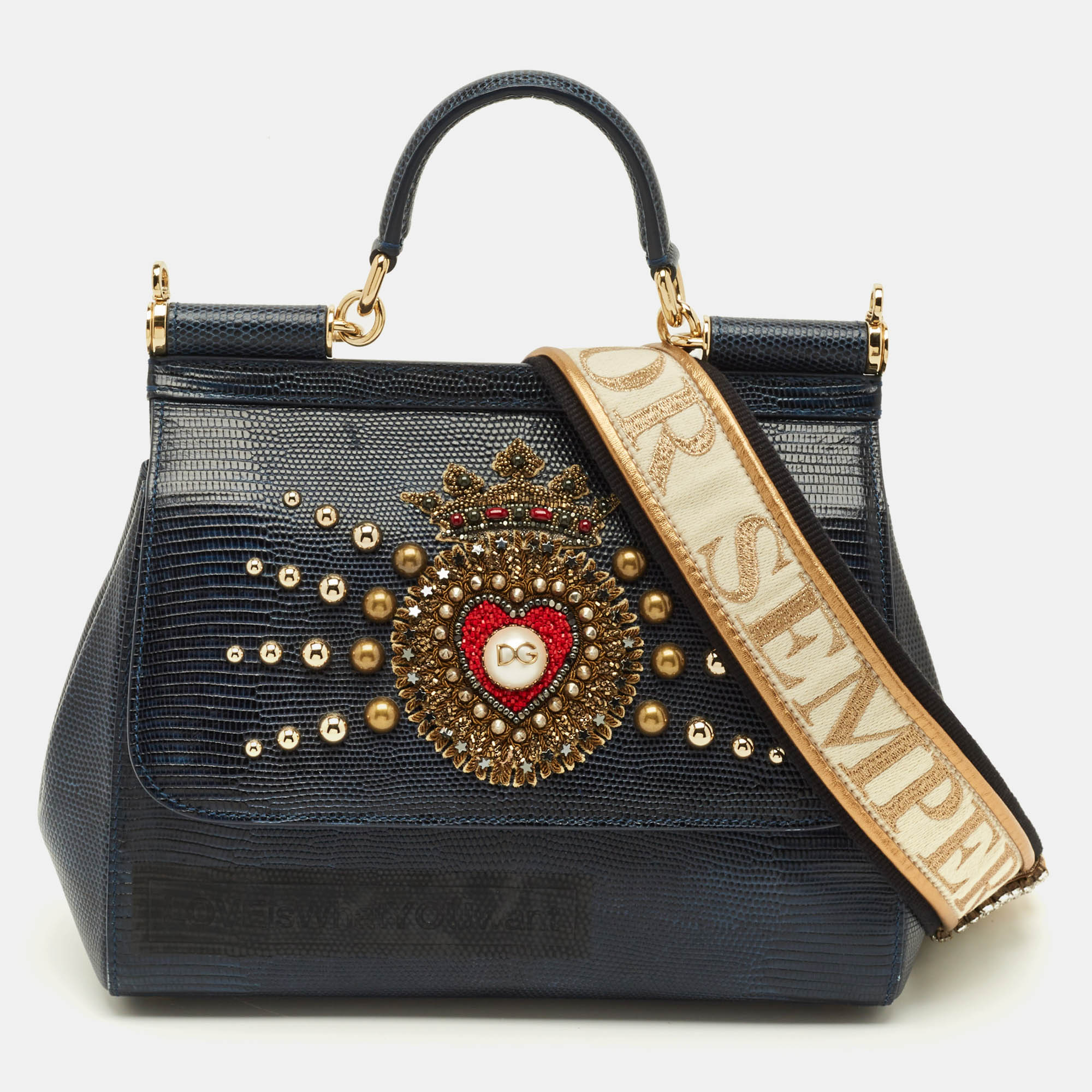 

Dolce & Gabbana Heart Embellished Miss Sicily Navy Blue Lizard Embossed Leather Top Handle Bag