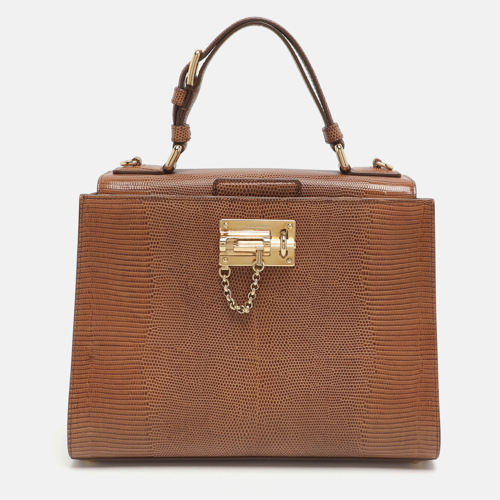 

Dolce & Gabbana Miss Monica Medium Brown Lizard Embossed Leather Top Handle Bag