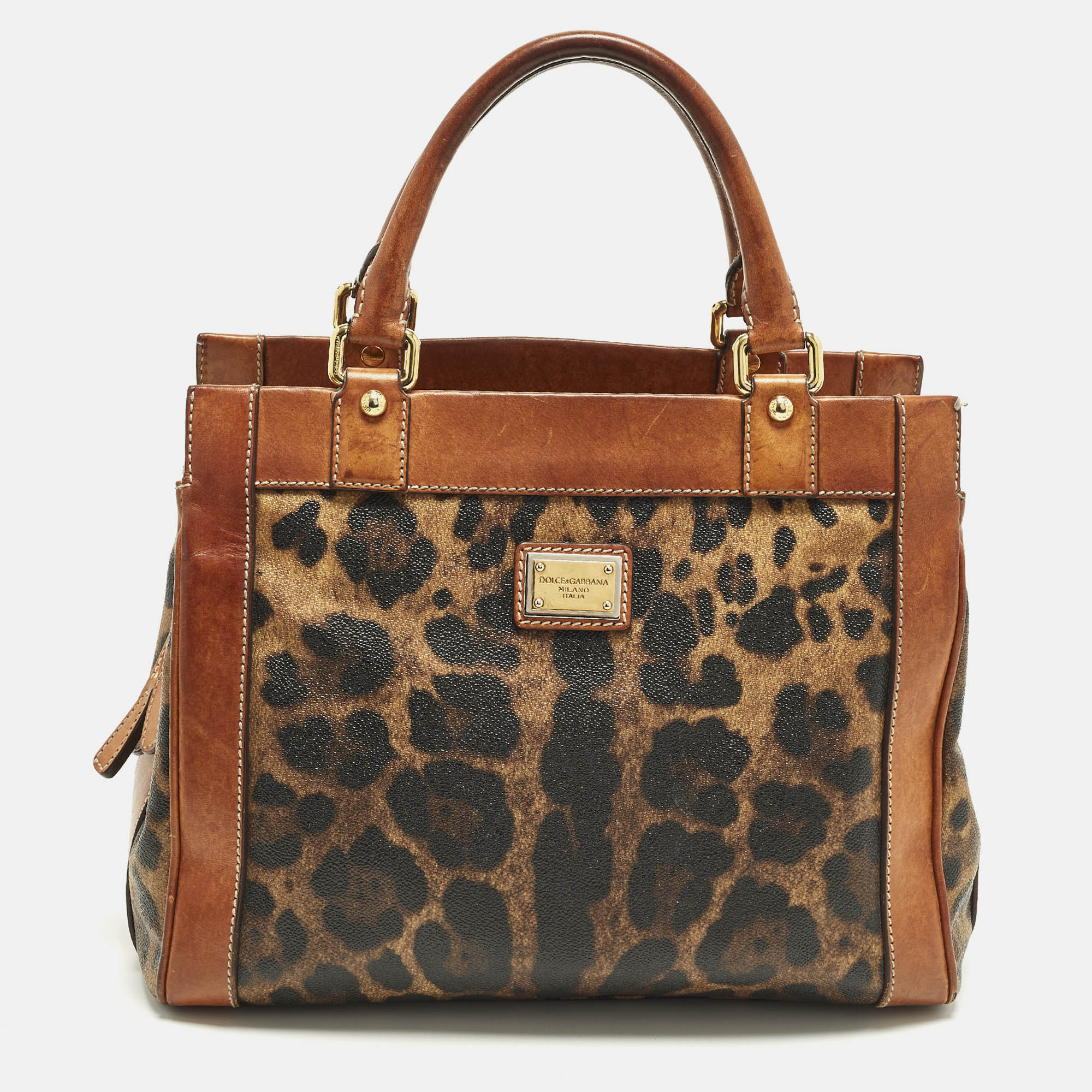 

Dolce & Gabbana Brown Leopard Print Coated Canvas and Leather Zip Satchel