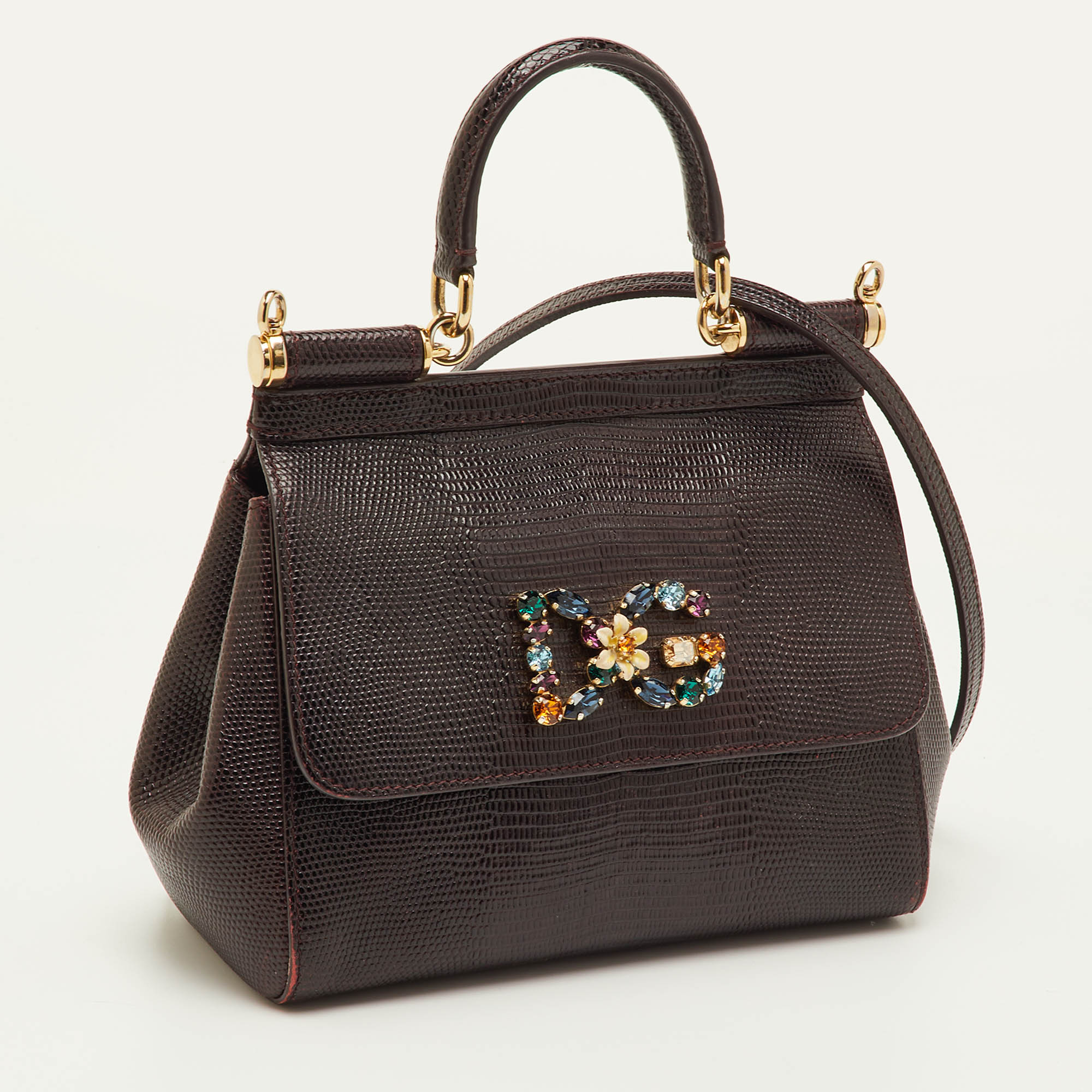 

Dolce & Gabbana Miss Sicily Burgundy Small Lizard Embossed Leather Top Handle Bag