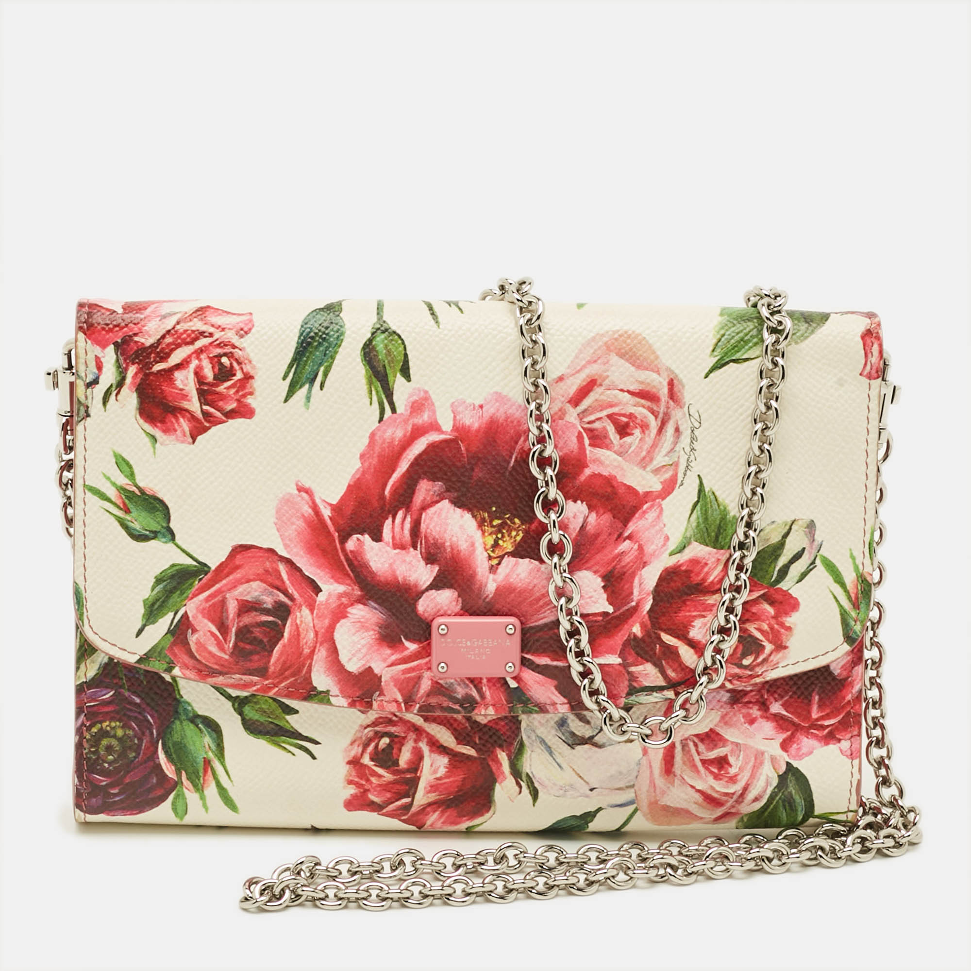 

Dolce & Gabbana Peony Rose Print Multicolor Leather Dauphine Chain Clutch