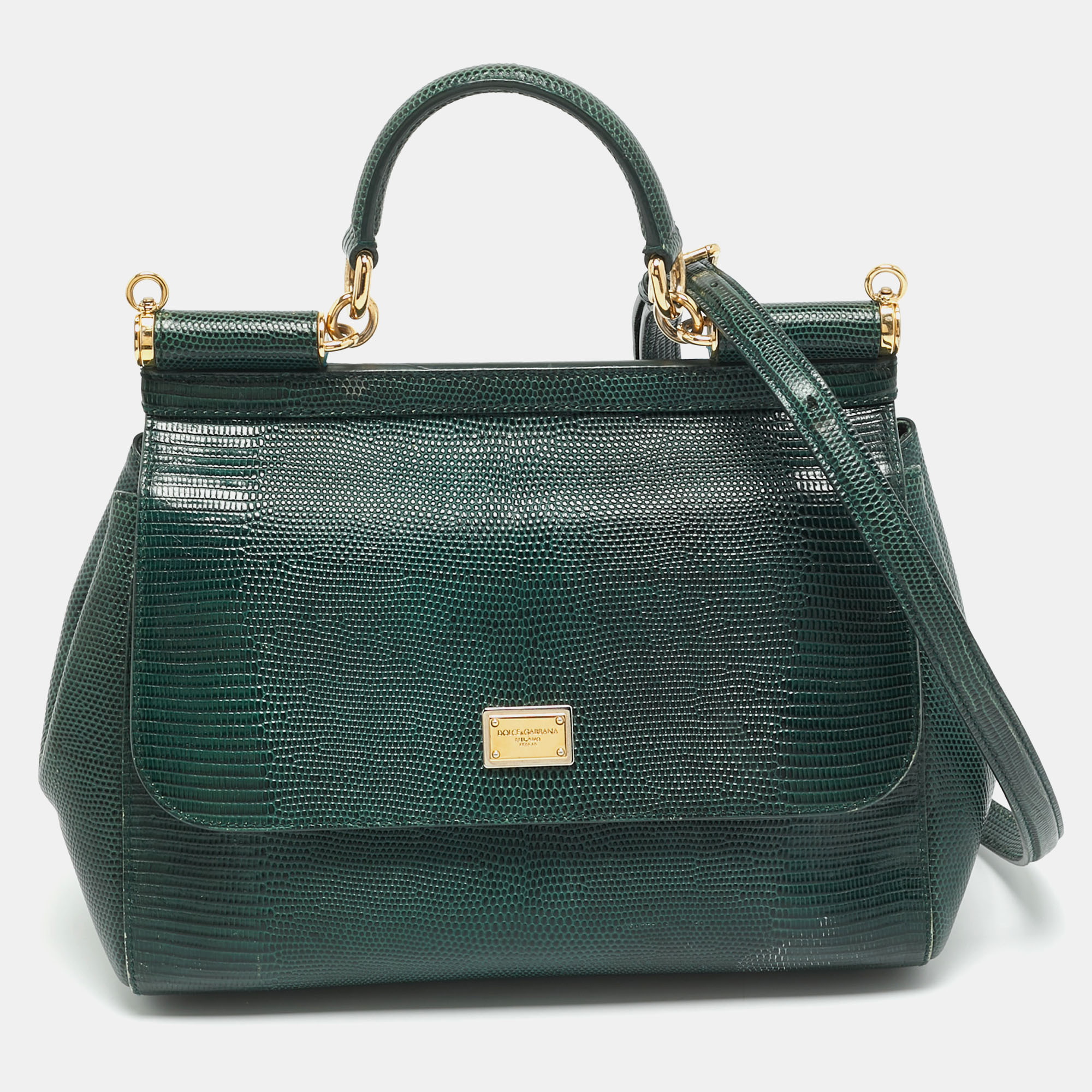 

Dolce & Gabbana Miss Sicily  Green Lizard Embossed Leather Top Handle Bag
