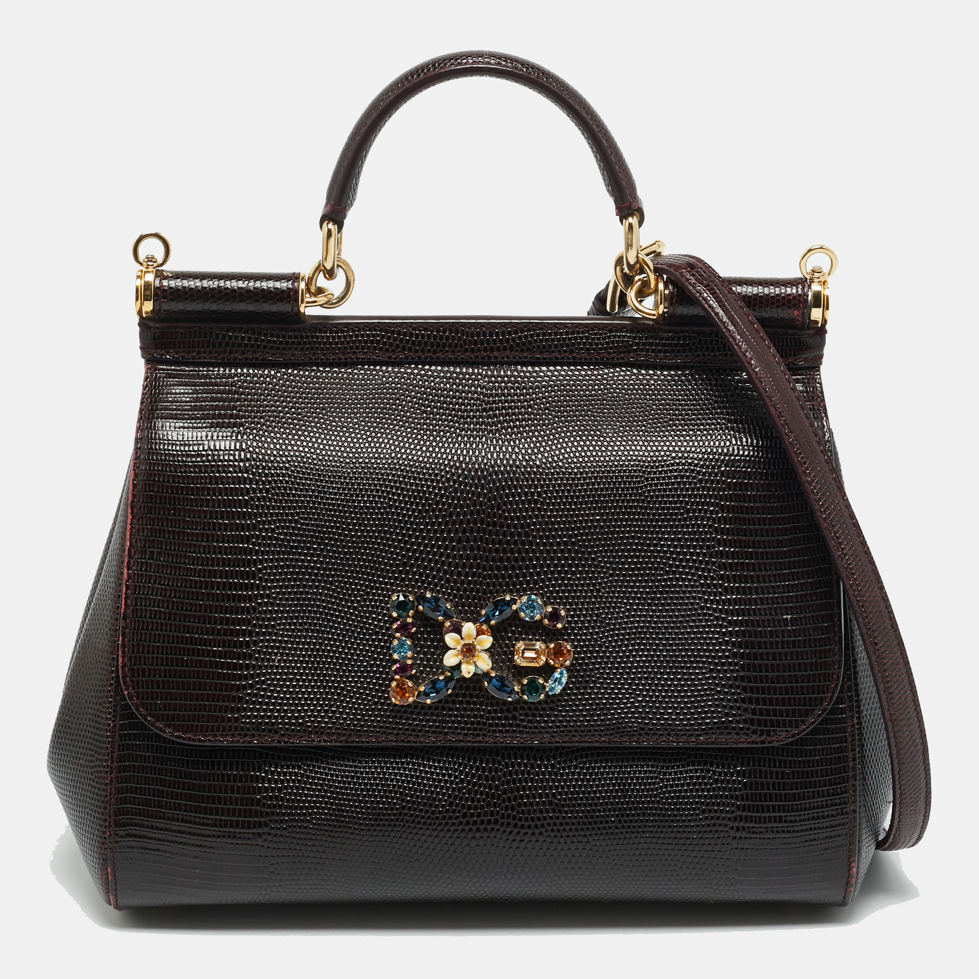 

Dolce & Gabbana DG Crystal Sicily Medium Dark Burgundy Lizard Embossed Leather Top Handle Bag