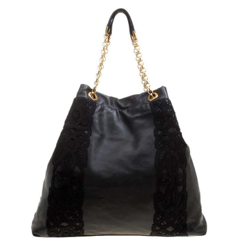 Dolce and Gabbana Black Leather and Lace Large Tote